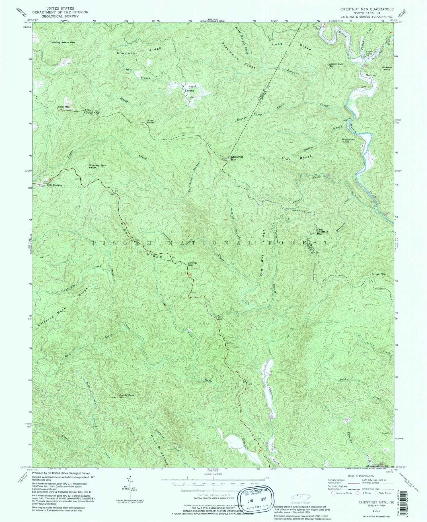 USGS Classic Chestnut Mountain North Carolina 7.5'x7.5' Topo Map Image