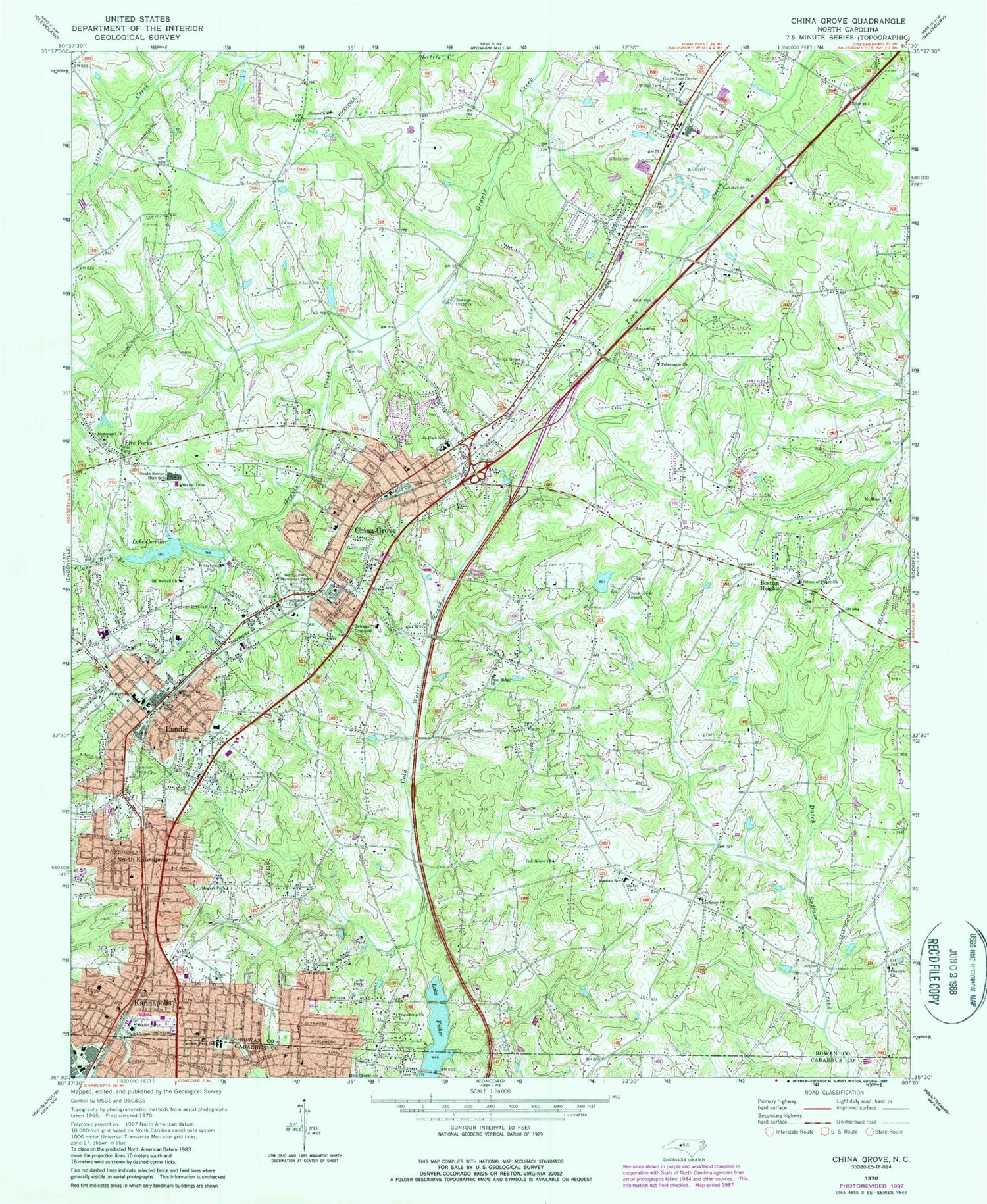 Classic USGS China Grove North Carolina 7.5'x7.5' Topo Map Image