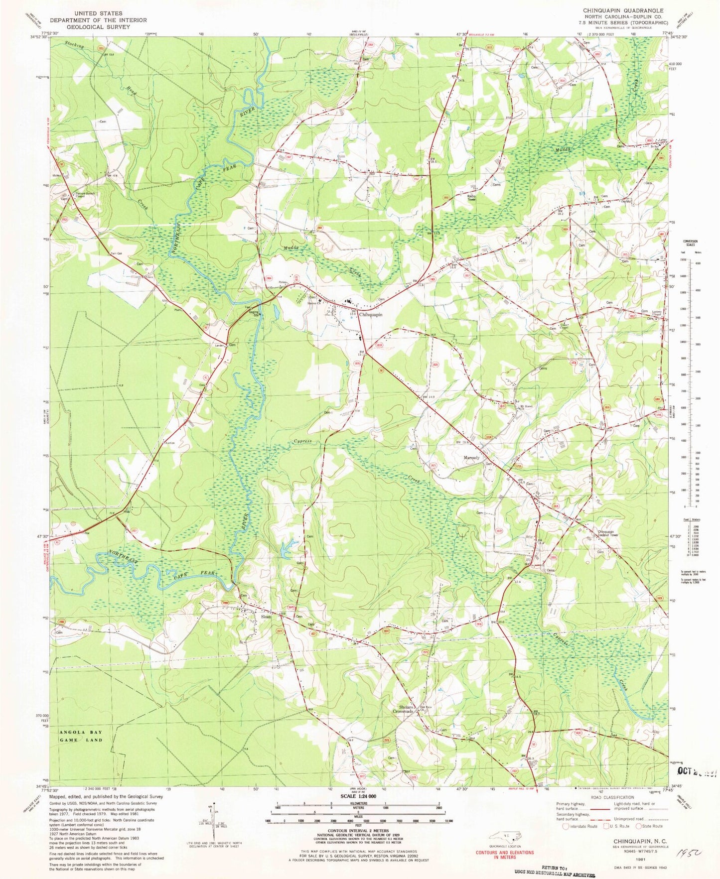 Classic USGS Chinquapin North Carolina 7.5'x7.5' Topo Map Image