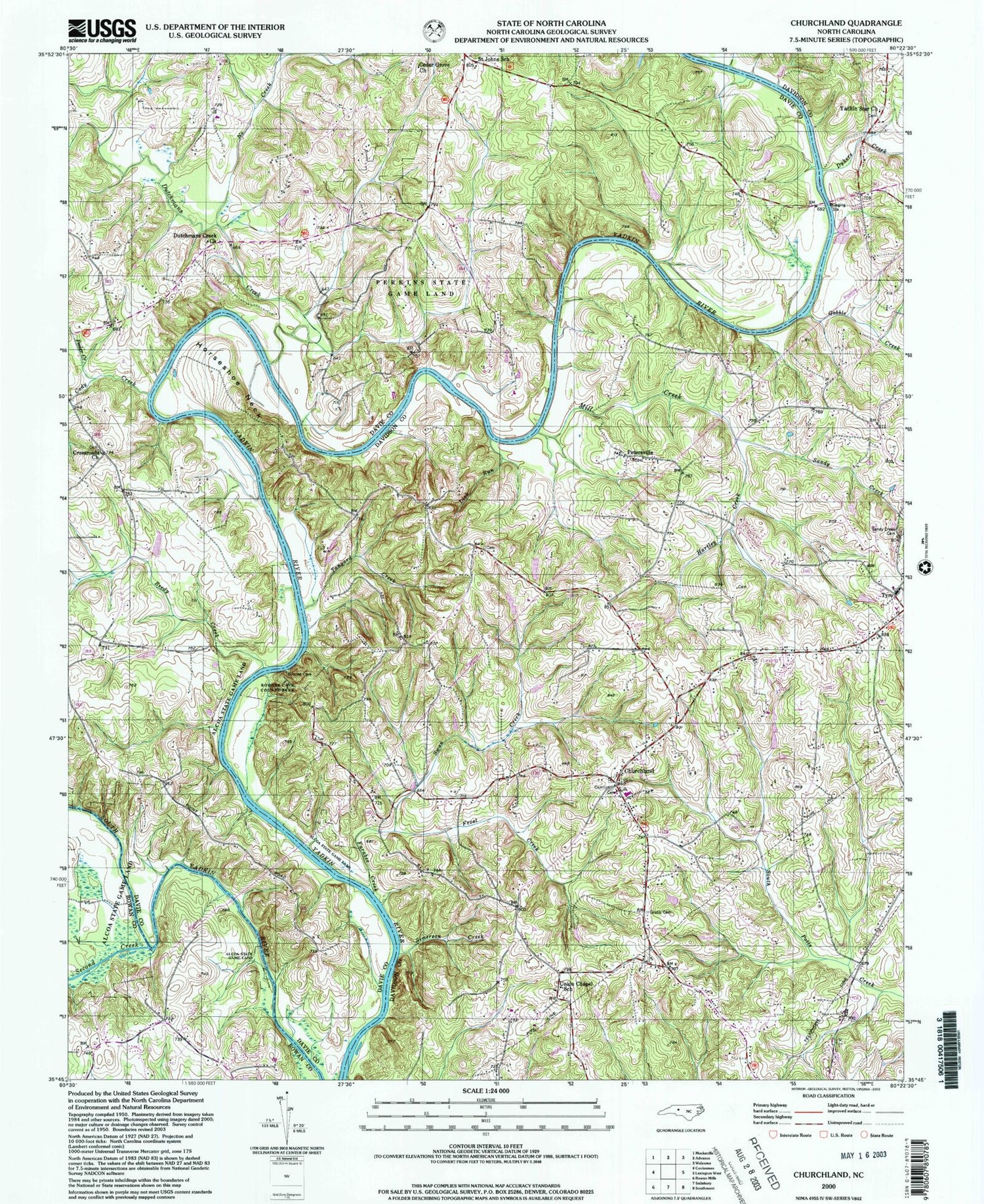 Classic USGS Churchland North Carolina 7.5'x7.5' Topo Map Image