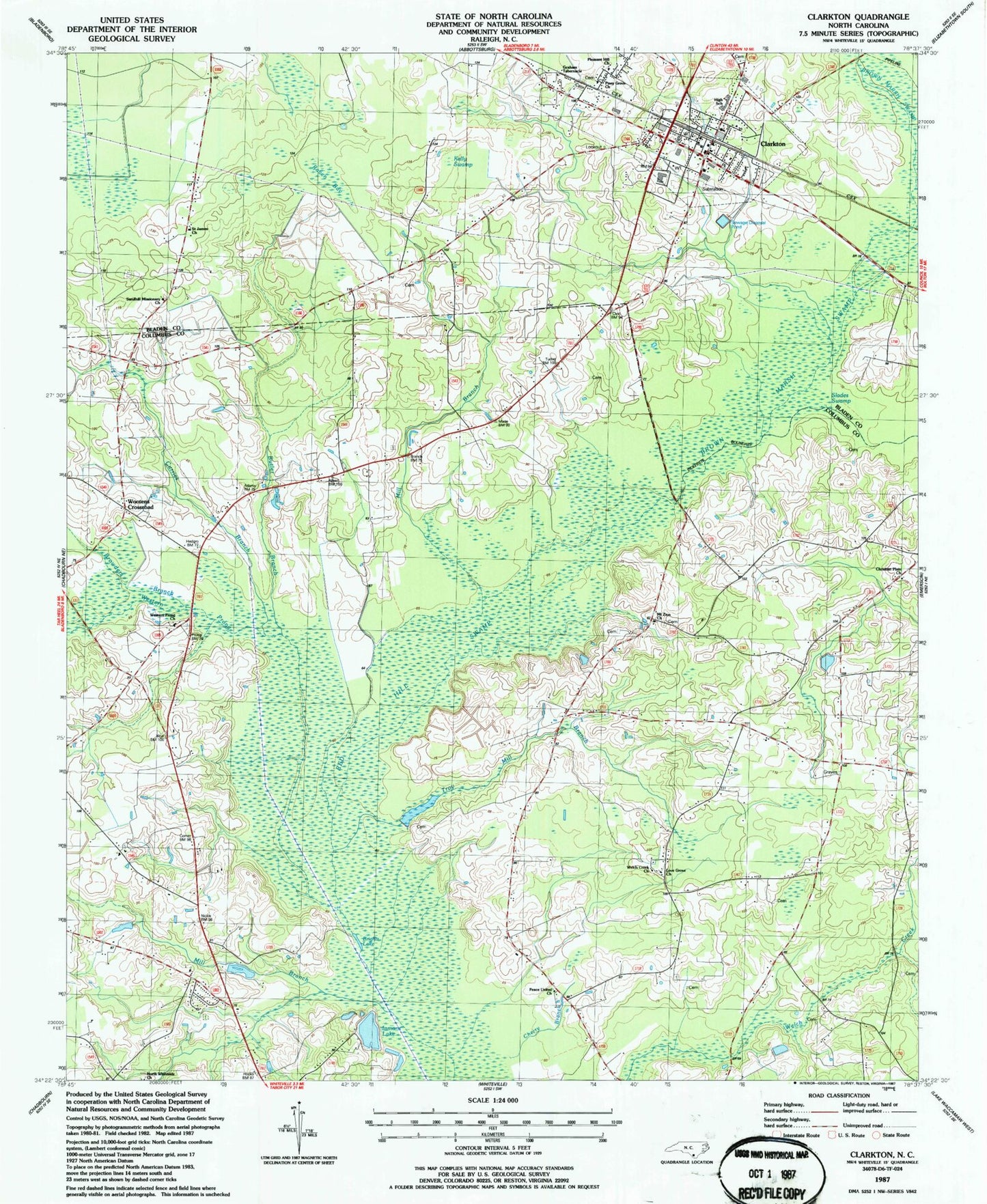 Classic USGS Clarkton North Carolina 7.5'x7.5' Topo Map Image