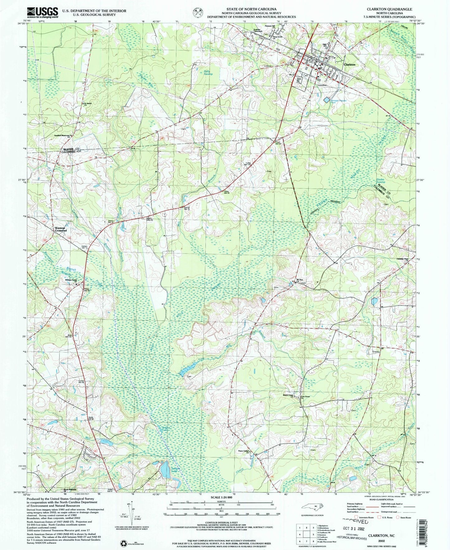 Classic USGS Clarkton North Carolina 7.5'x7.5' Topo Map Image