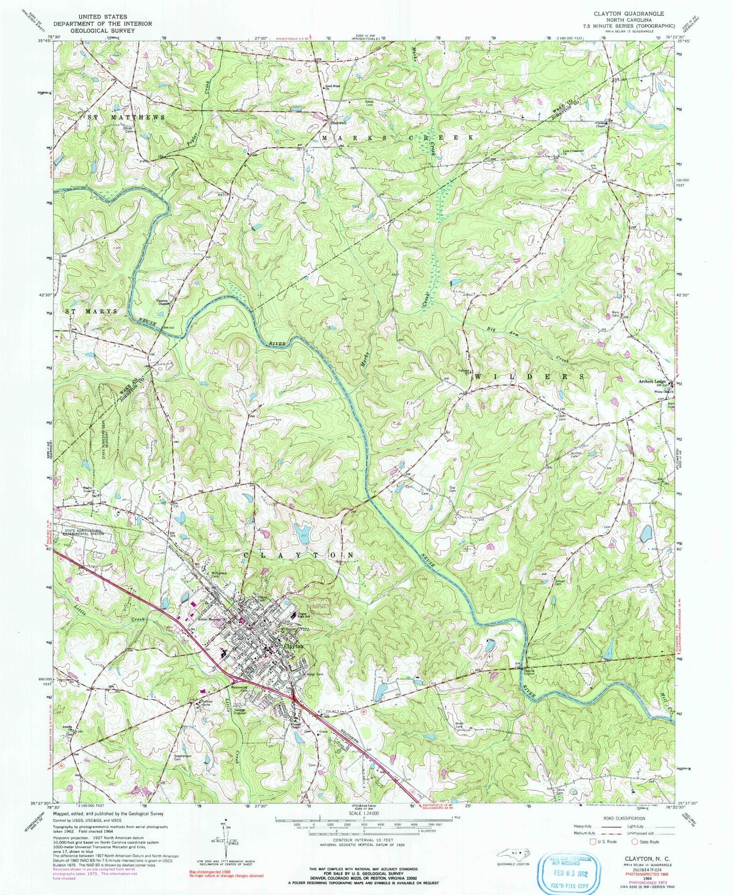 Classic USGS Clayton North Carolina 7.5'x7.5' Topo Map Image