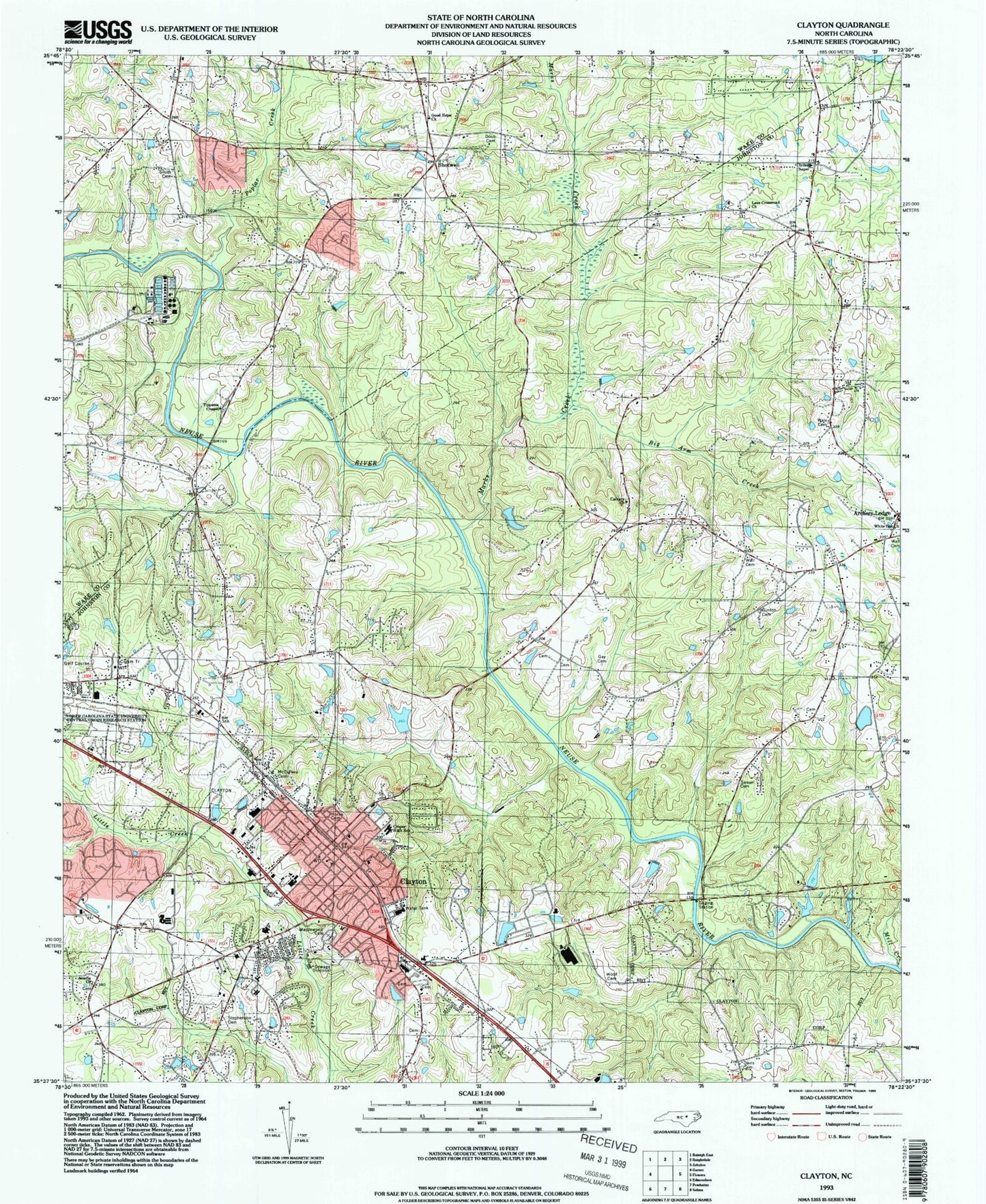 Classic USGS Clayton North Carolina 7.5'x7.5' Topo Map Image