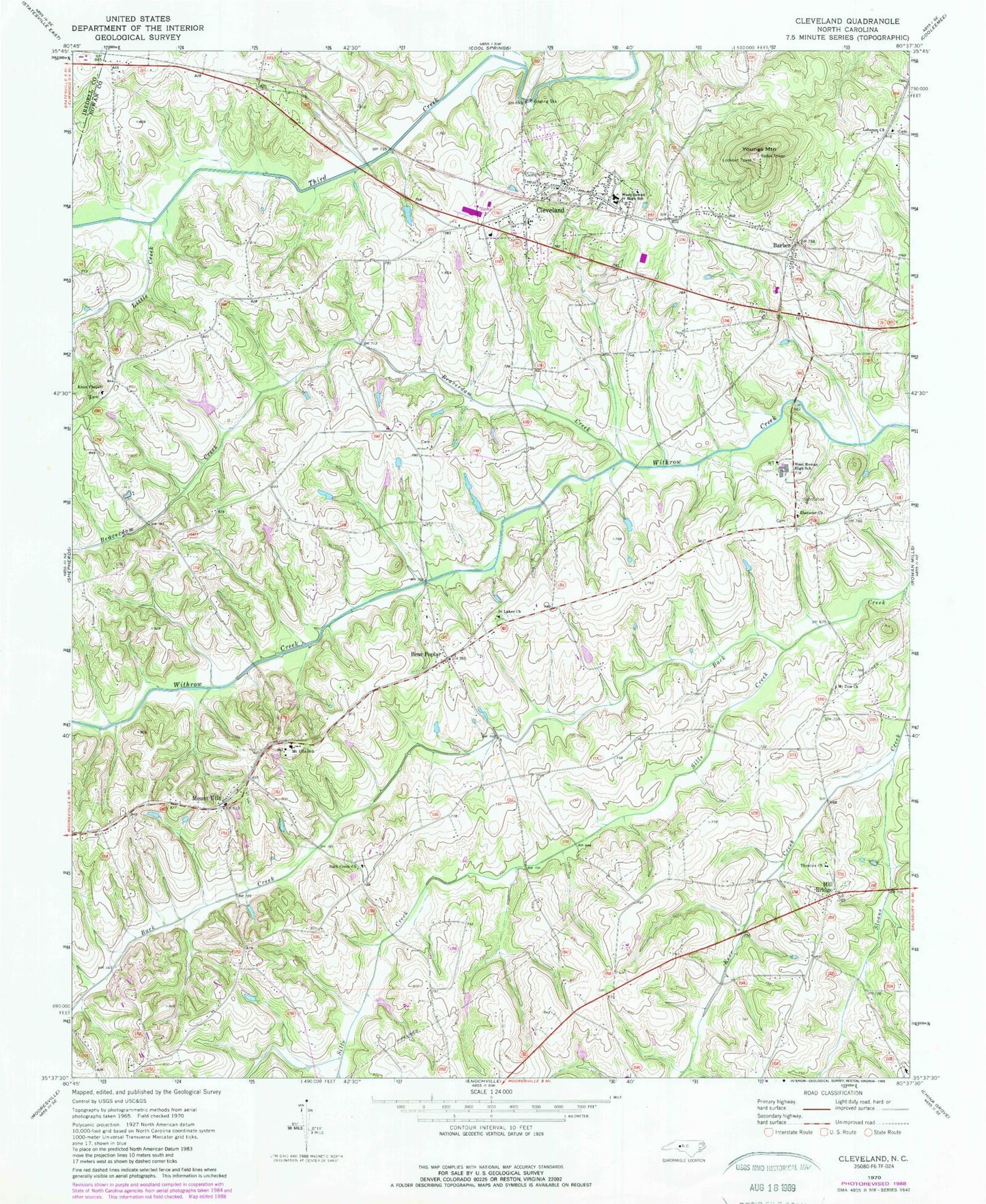 Classic USGS Cleveland North Carolina 7.5'x7.5' Topo Map Image