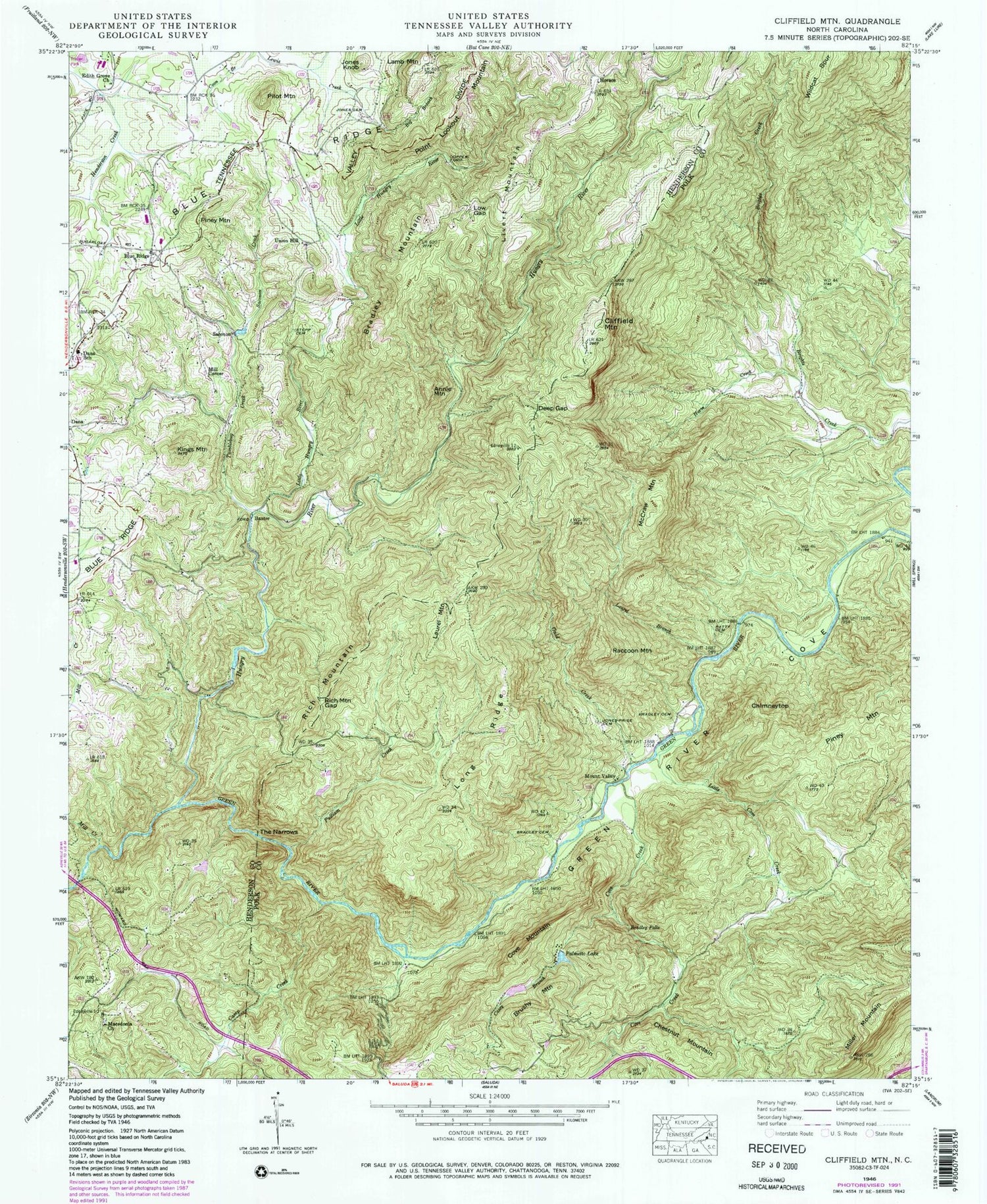 Classic USGS Cliffield Mountain North Carolina 7.5'x7.5' Topo Map Image