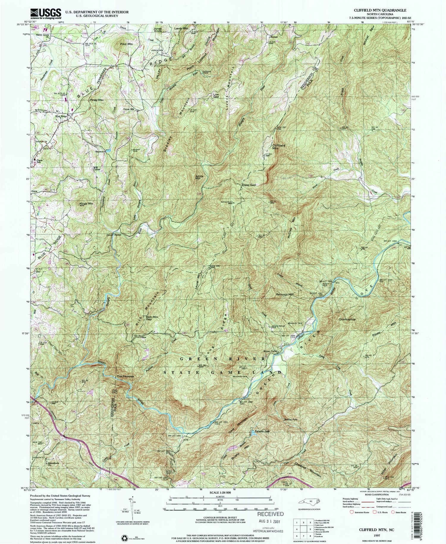 Classic USGS Cliffield Mountain North Carolina 7.5'x7.5' Topo Map Image