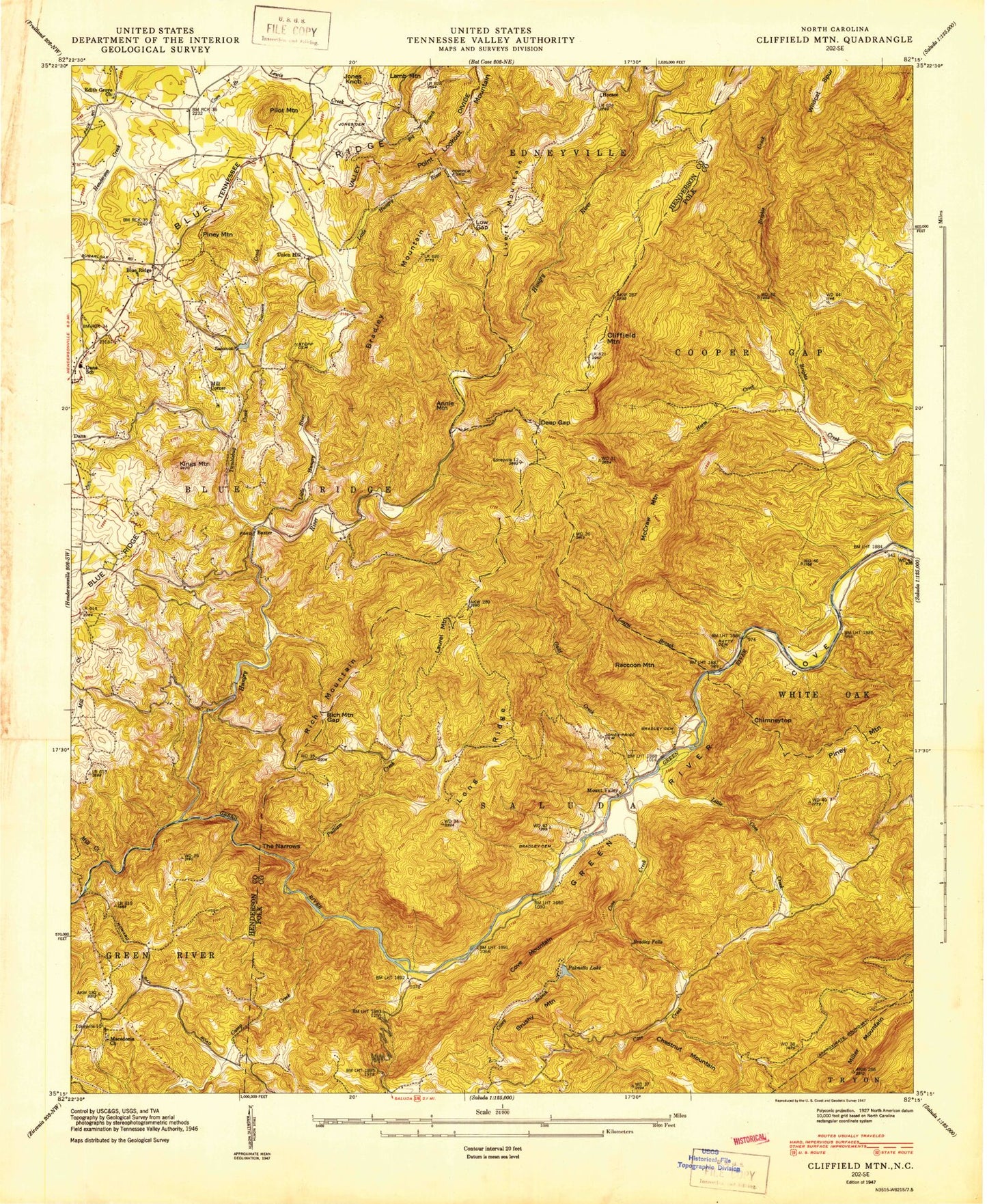 Classic USGS Cliffield Mountain North Carolina 7.5'x7.5' Topo Map Image