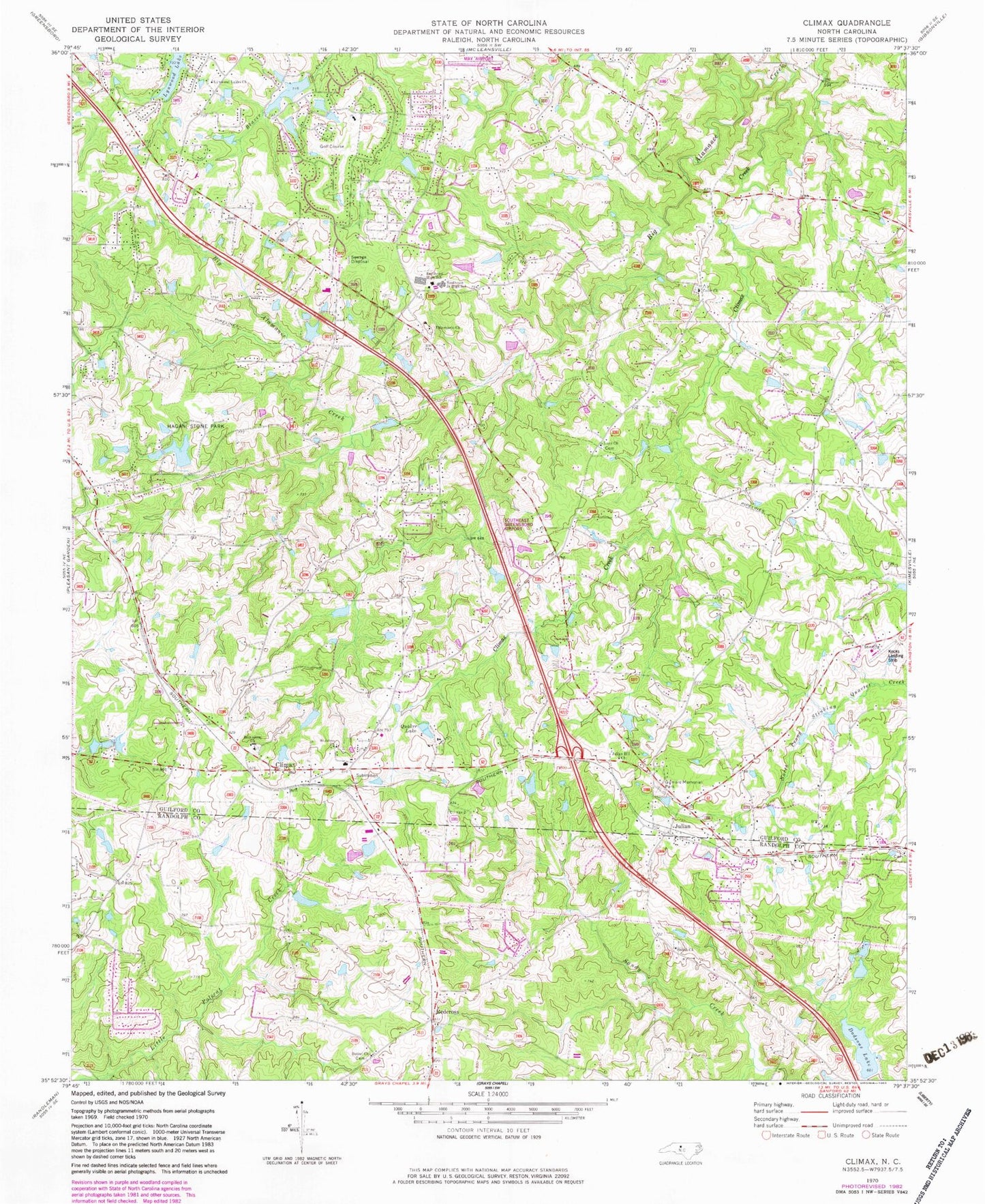 Classic USGS Climax North Carolina 7.5'x7.5' Topo Map Image
