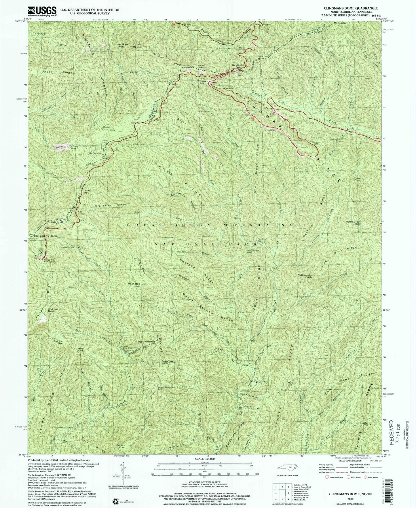 USGS Classic Clingmans Dome North Carolina 7.5'x7.5' Topo Map Image