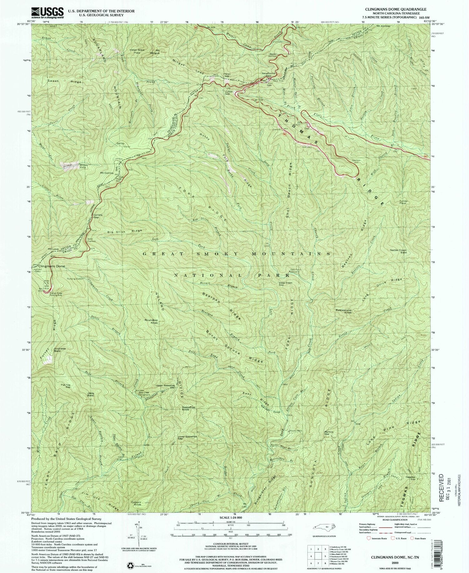 USGS Classic Clingmans Dome North Carolina 7.5'x7.5' Topo Map Image
