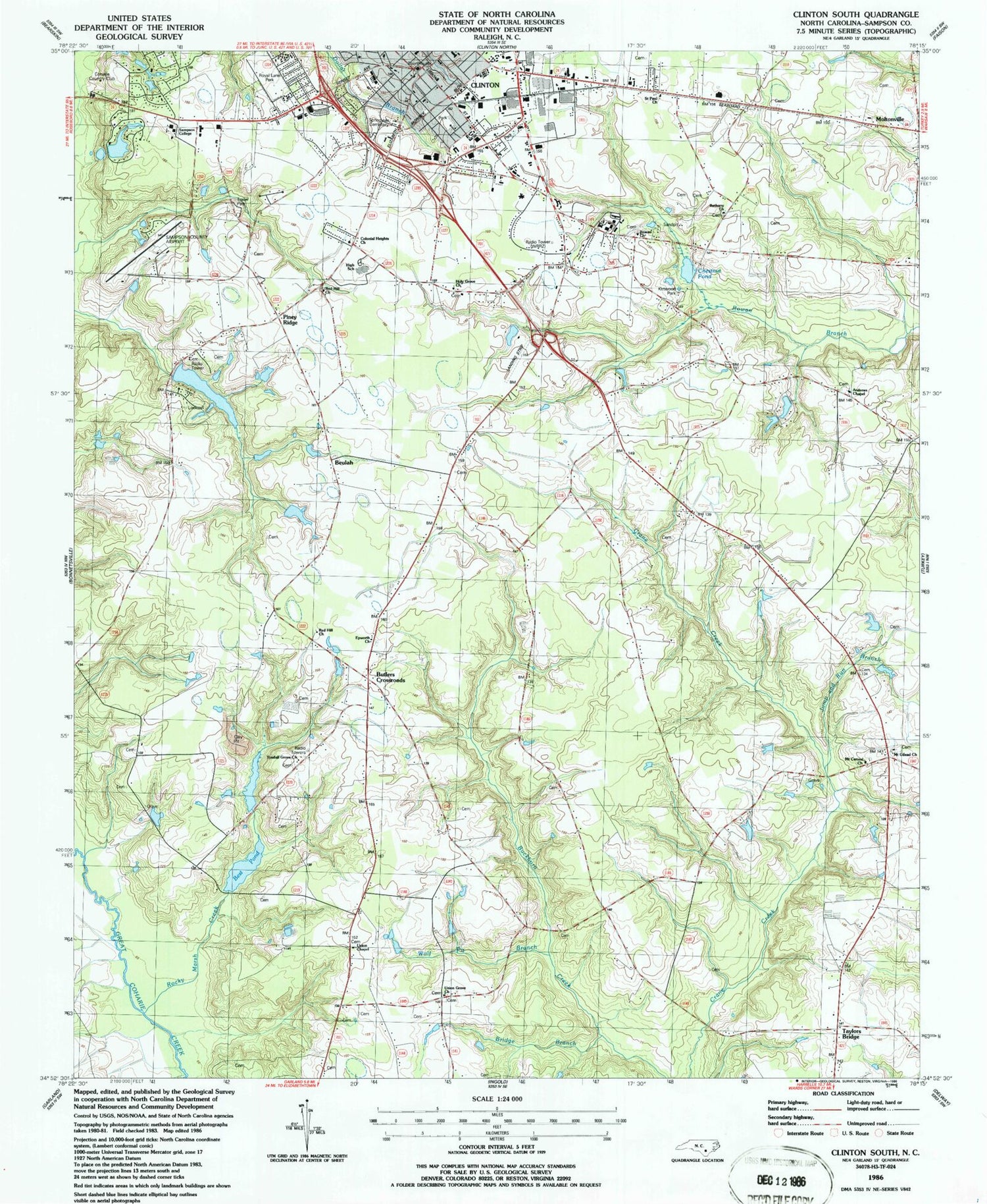 Classic USGS Clinton South North Carolina 7.5'x7.5' Topo Map Image
