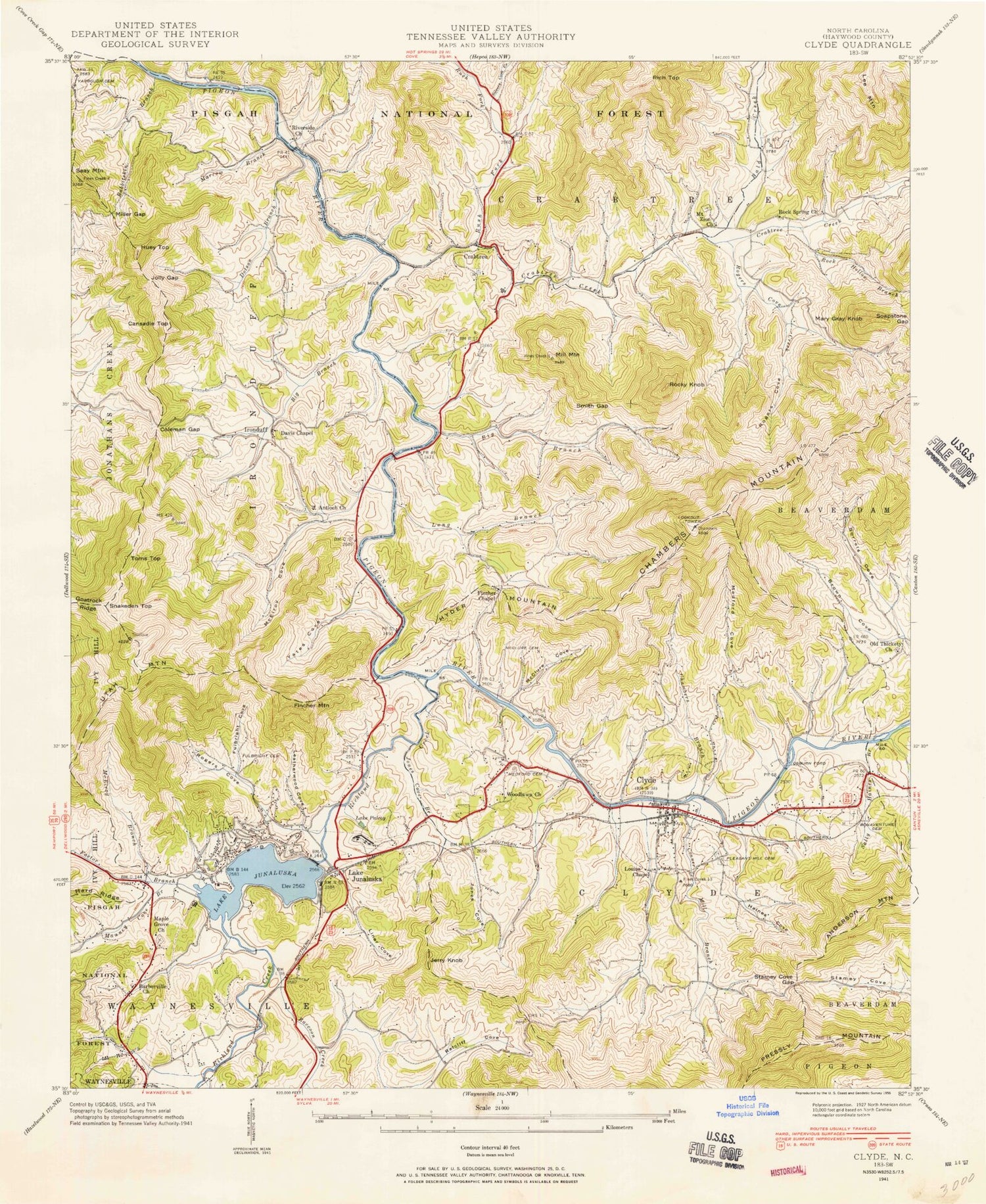 Classic USGS Clyde North Carolina 7.5'x7.5' Topo Map Image