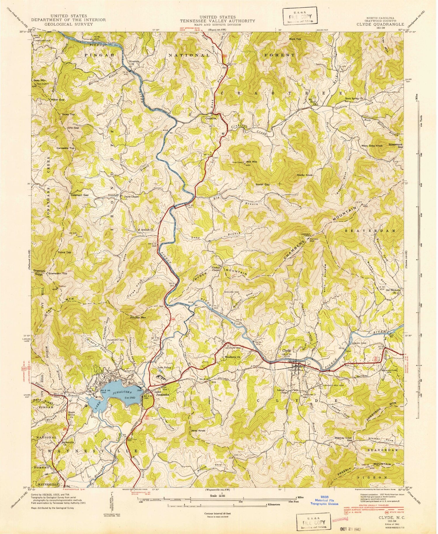 Classic USGS Clyde North Carolina 7.5'x7.5' Topo Map Image