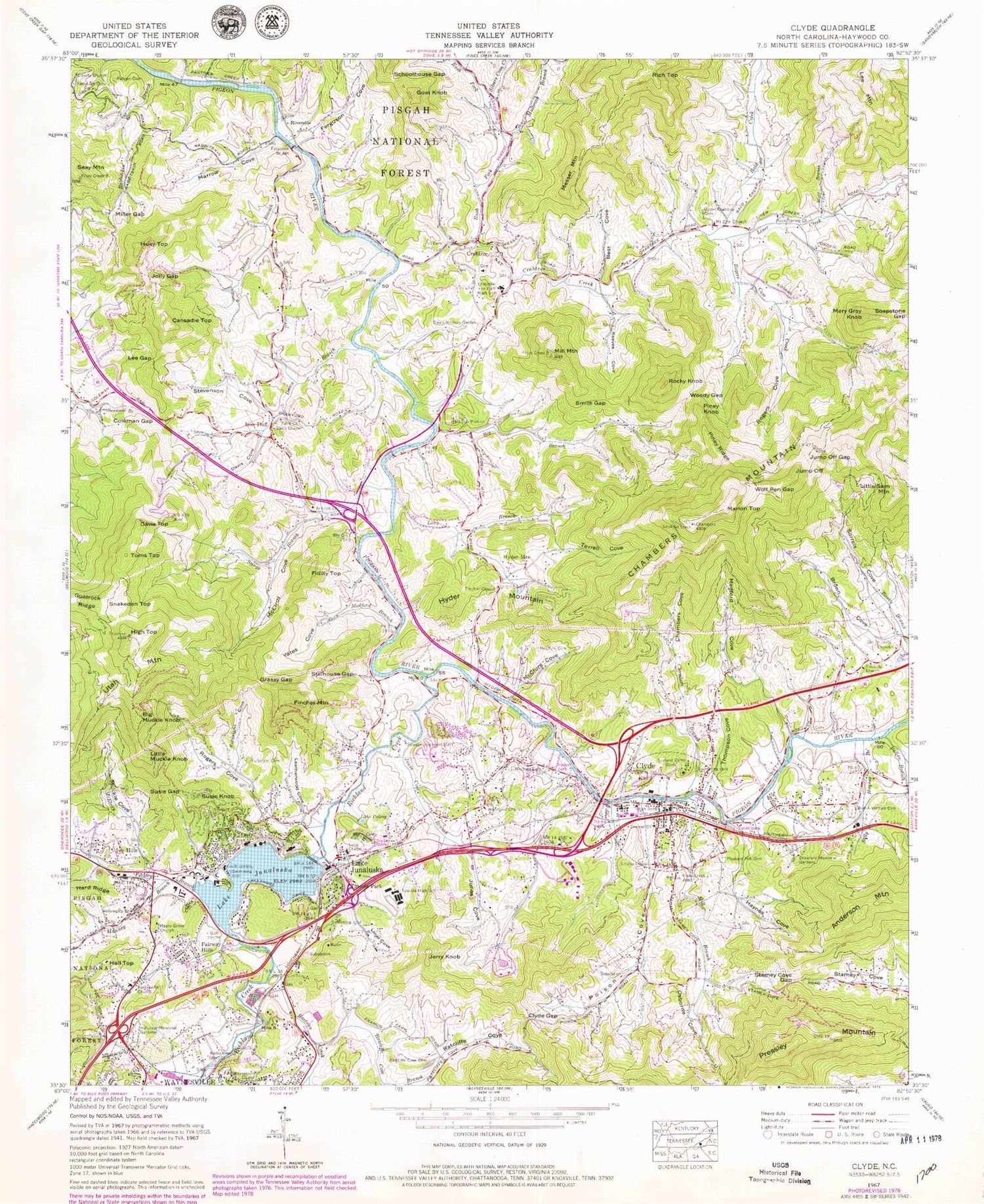 Classic USGS Clyde North Carolina 7.5'x7.5' Topo Map Image
