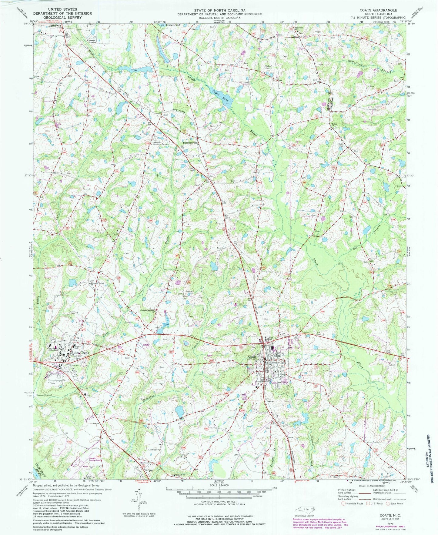 Classic USGS Coats North Carolina 7.5'x7.5' Topo Map Image