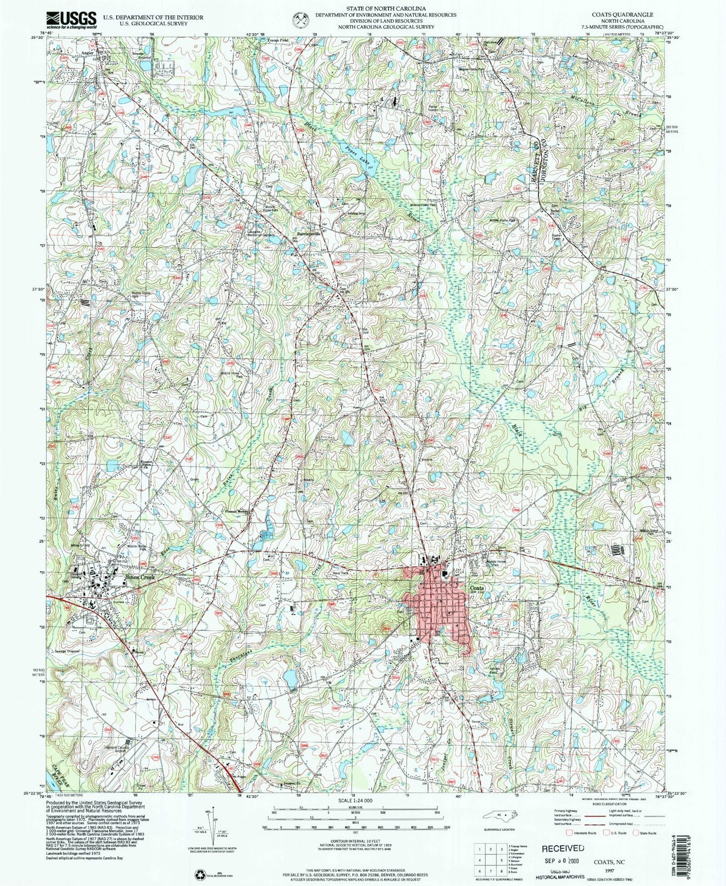 Classic USGS Coats North Carolina 7.5'x7.5' Topo Map Image
