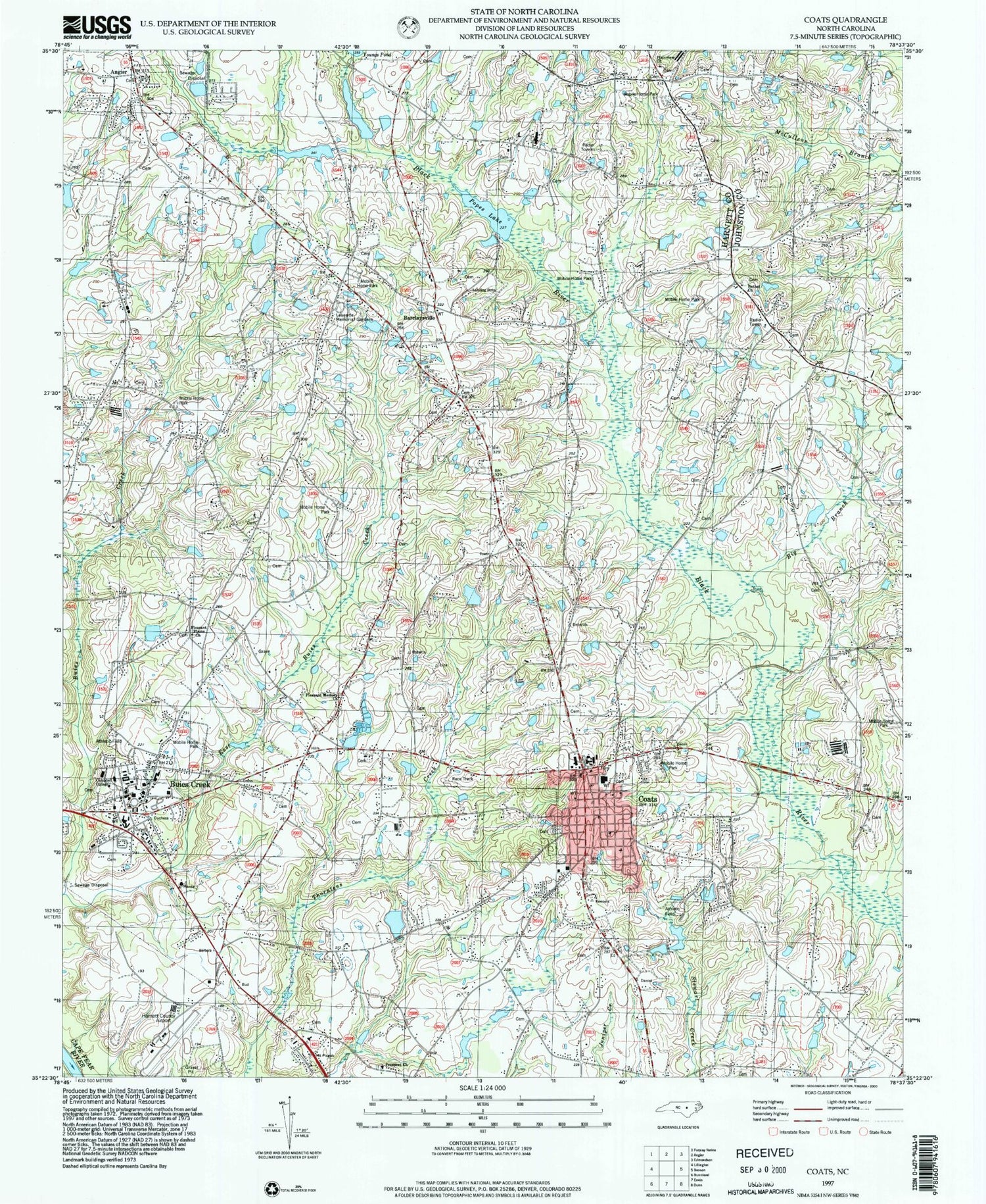 Classic USGS Coats North Carolina 7.5'x7.5' Topo Map Image