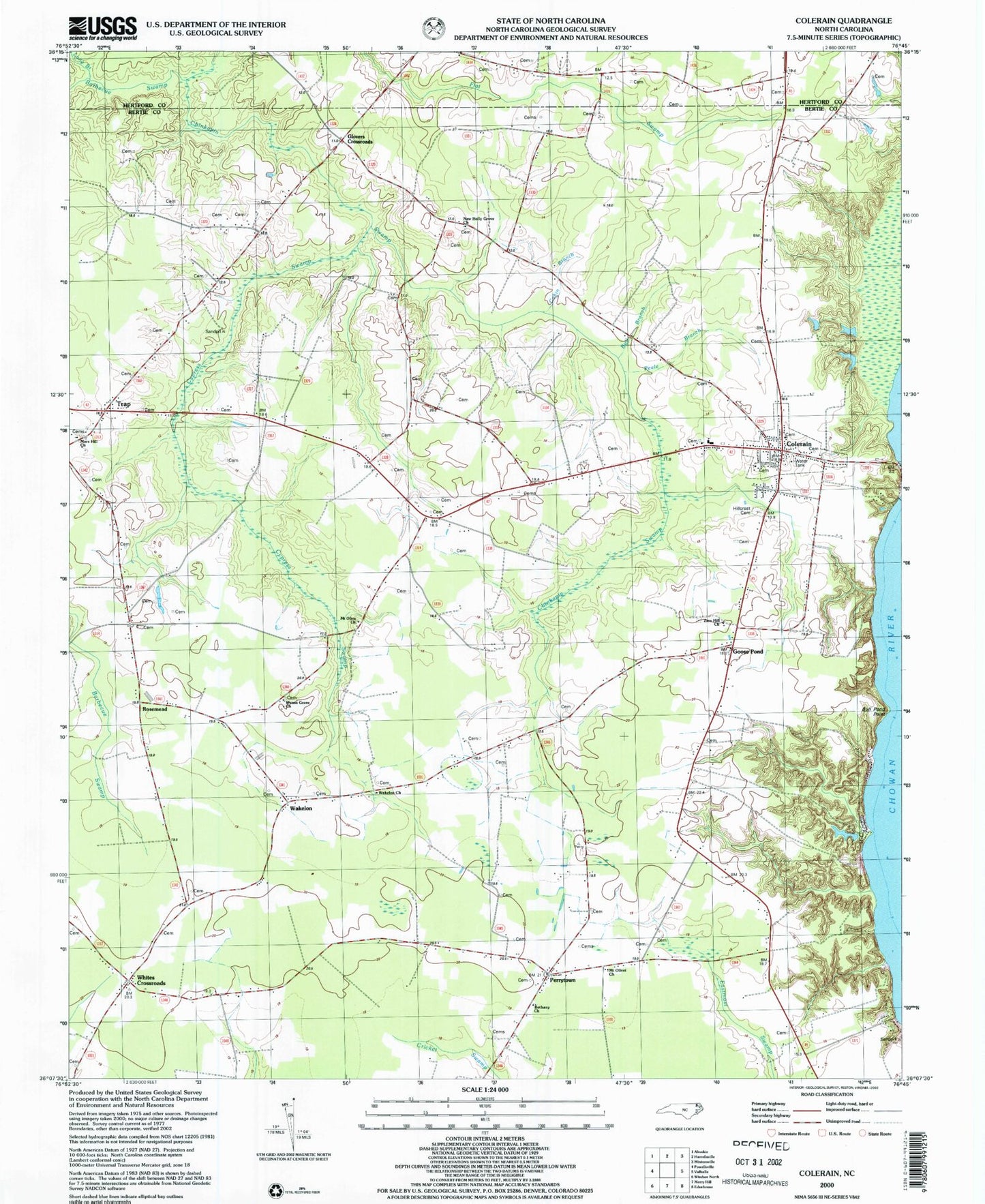 Classic USGS Colerain North Carolina 7.5'x7.5' Topo Map Image