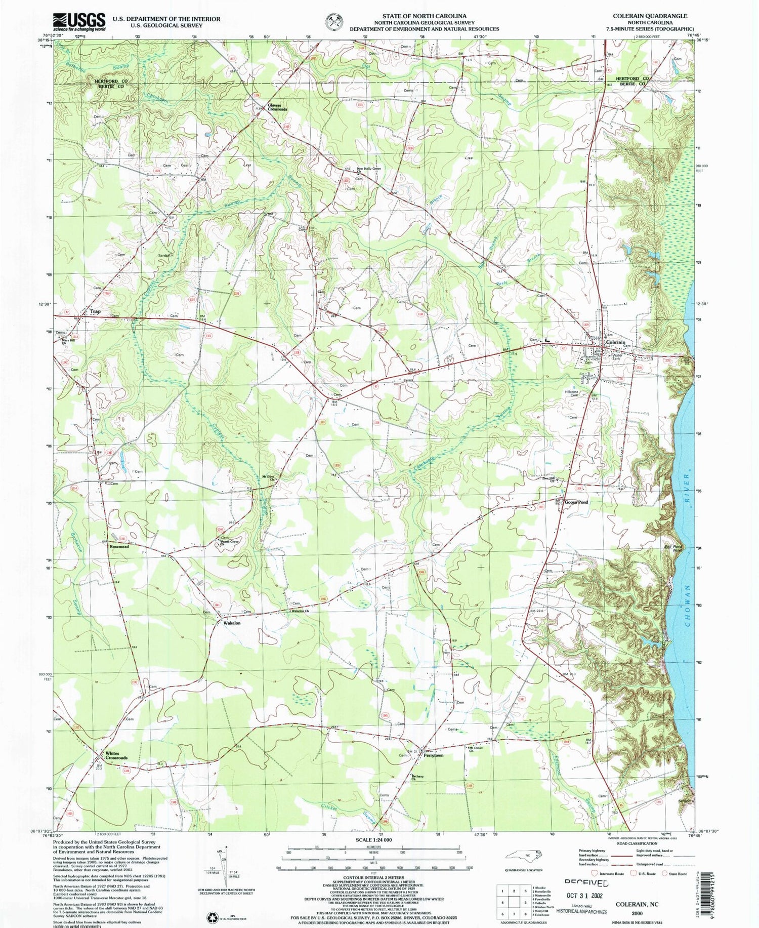 Classic USGS Colerain North Carolina 7.5'x7.5' Topo Map Image