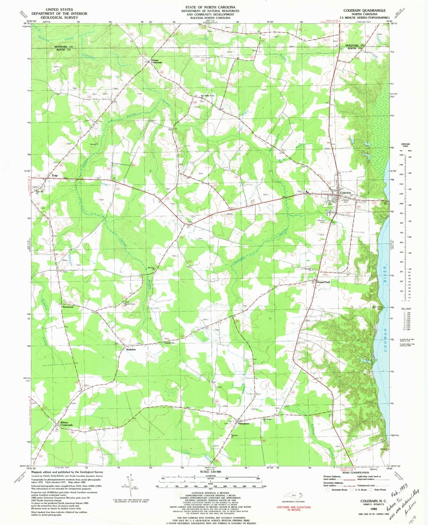 Classic USGS Colerain North Carolina 7.5'x7.5' Topo Map Image