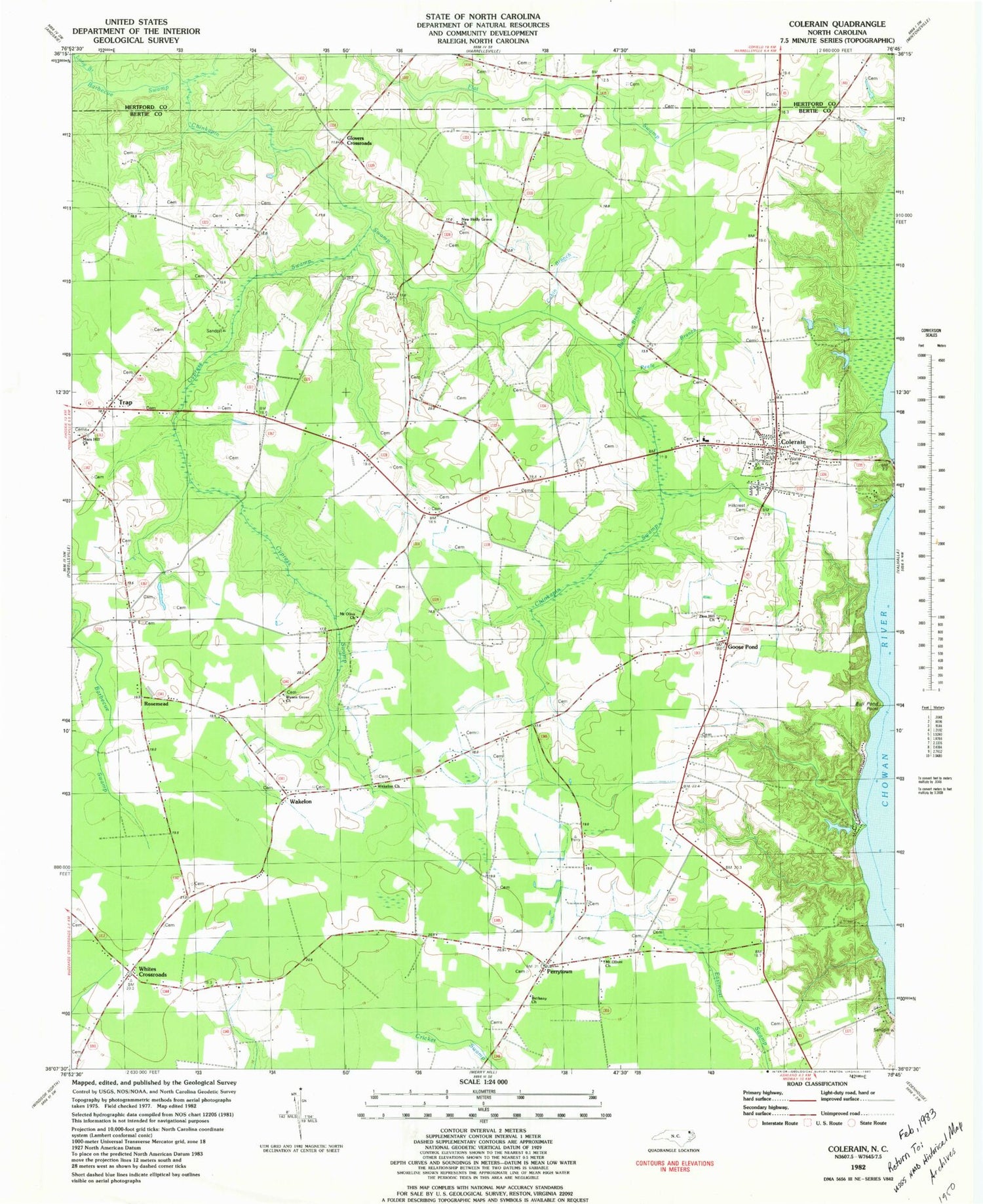 Classic USGS Colerain North Carolina 7.5'x7.5' Topo Map Image