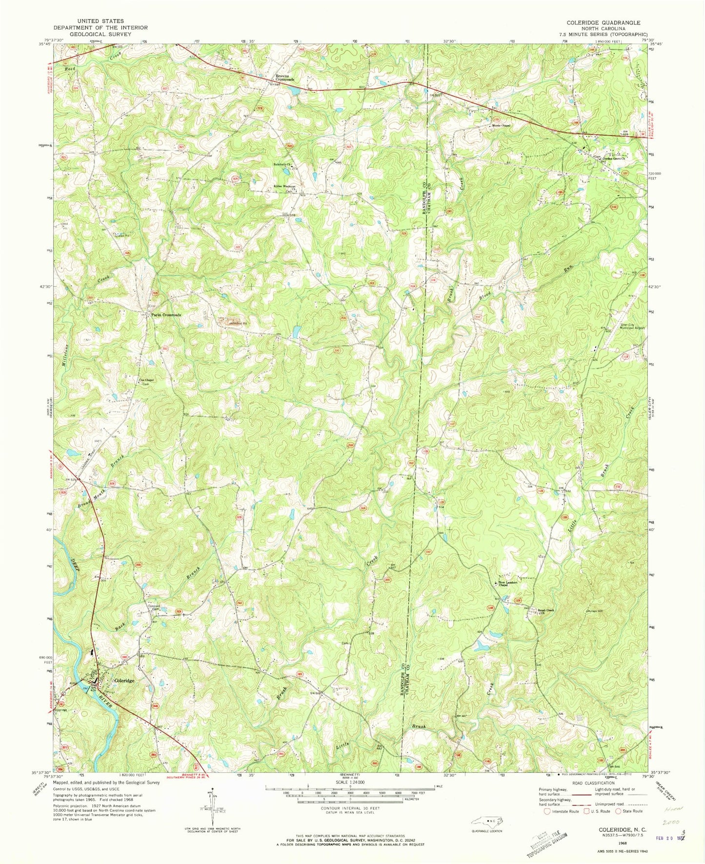 Classic USGS Coleridge North Carolina 7.5'x7.5' Topo Map Image