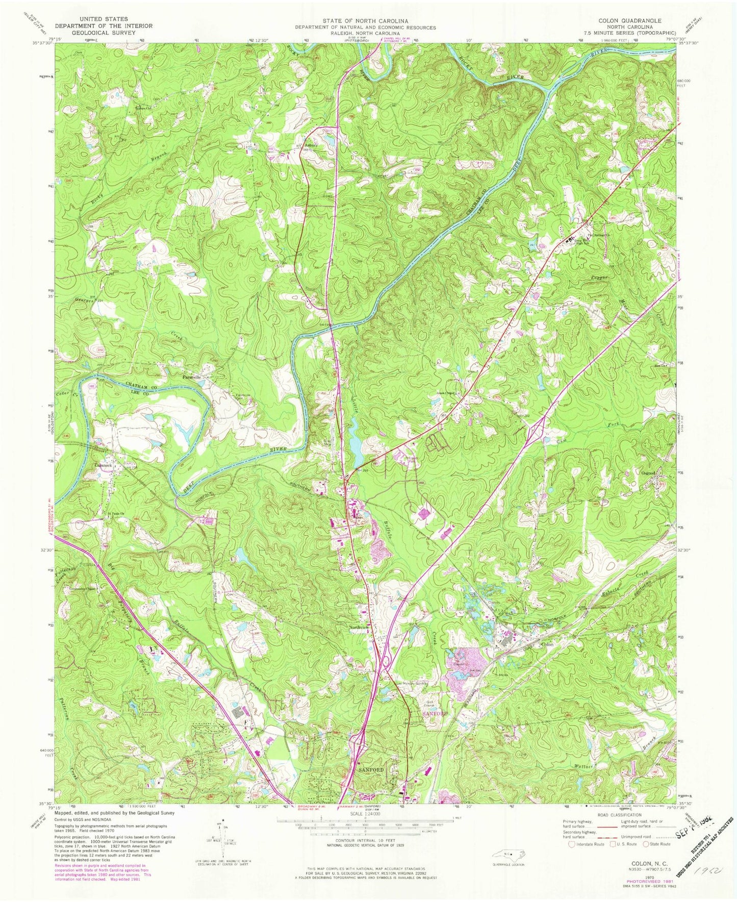 Classic USGS Colon North Carolina 7.5'x7.5' Topo Map Image