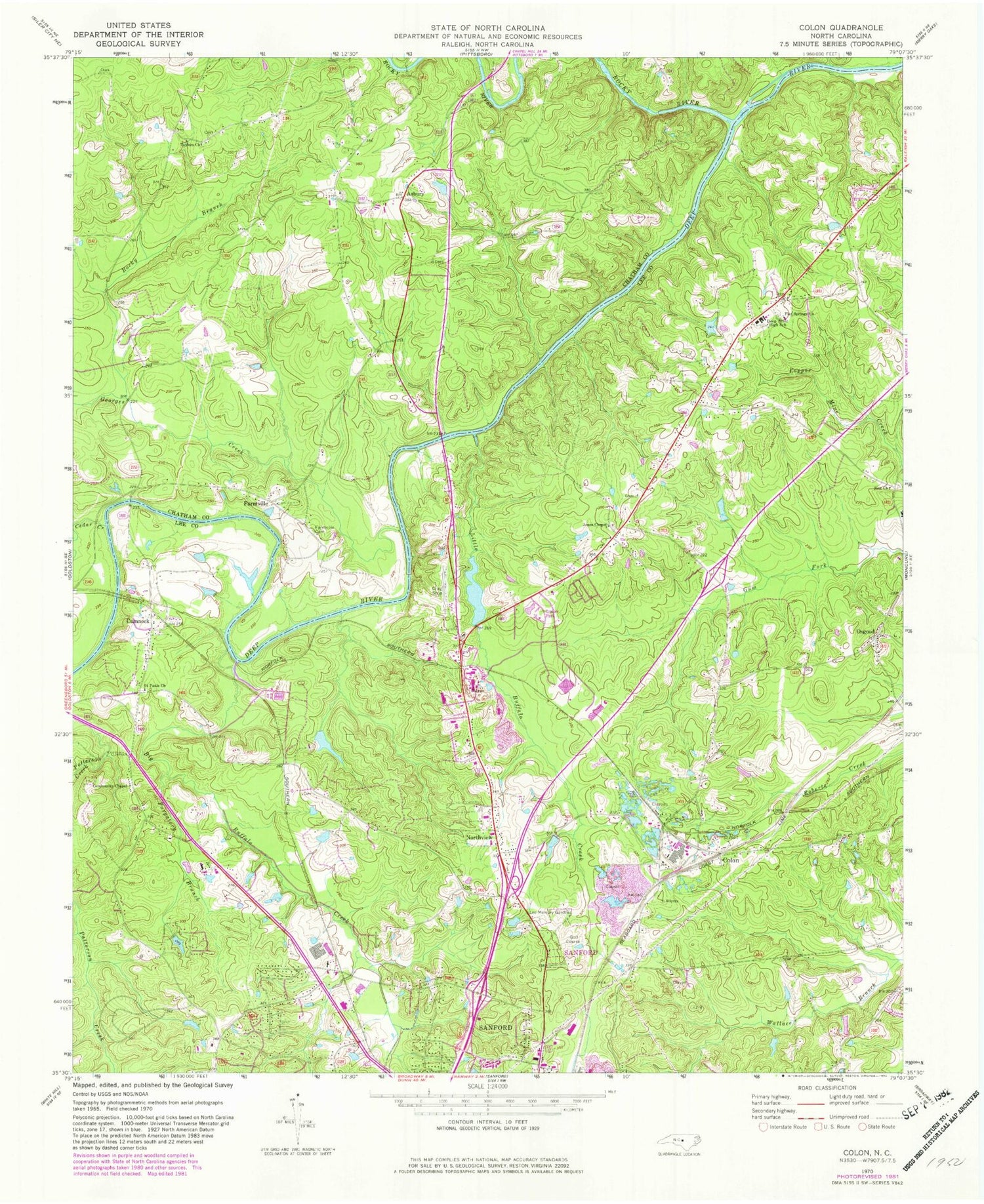 Classic USGS Colon North Carolina 7.5'x7.5' Topo Map Image