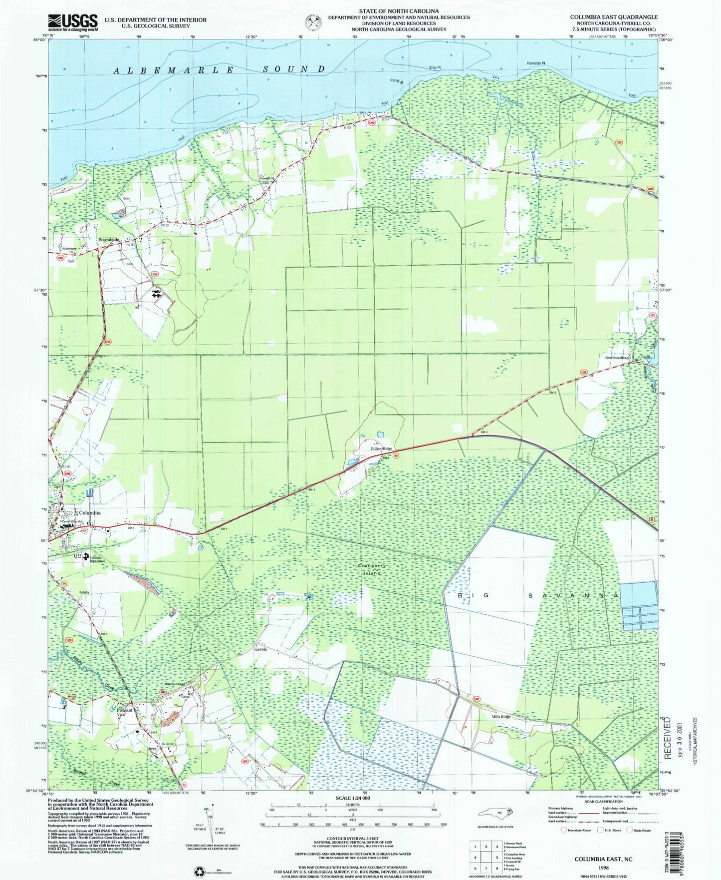 Classic USGS Columbia East North Carolina 7.5'x7.5' Topo Map Image