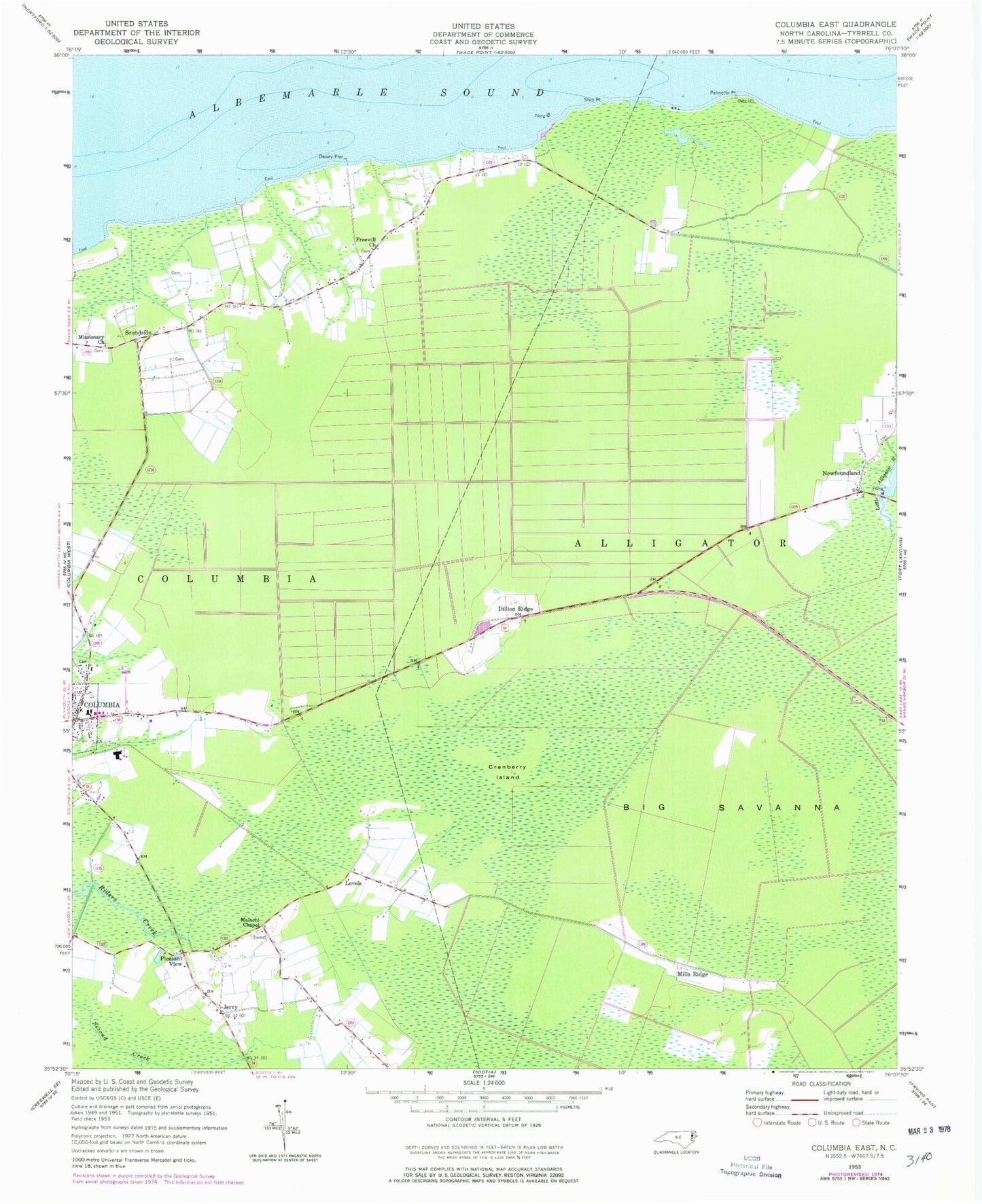 Classic USGS Columbia East North Carolina 7.5'x7.5' Topo Map Image