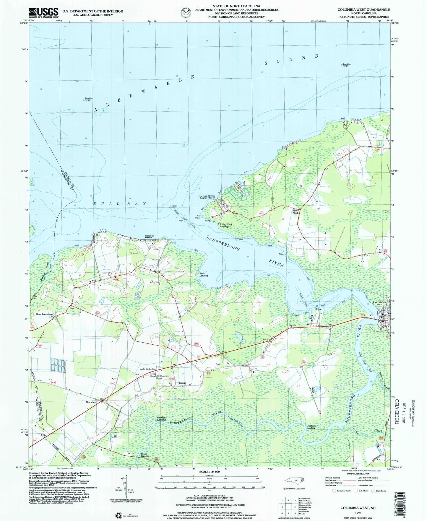 Classic USGS Columbia West North Carolina 7.5'x7.5' Topo Map Image