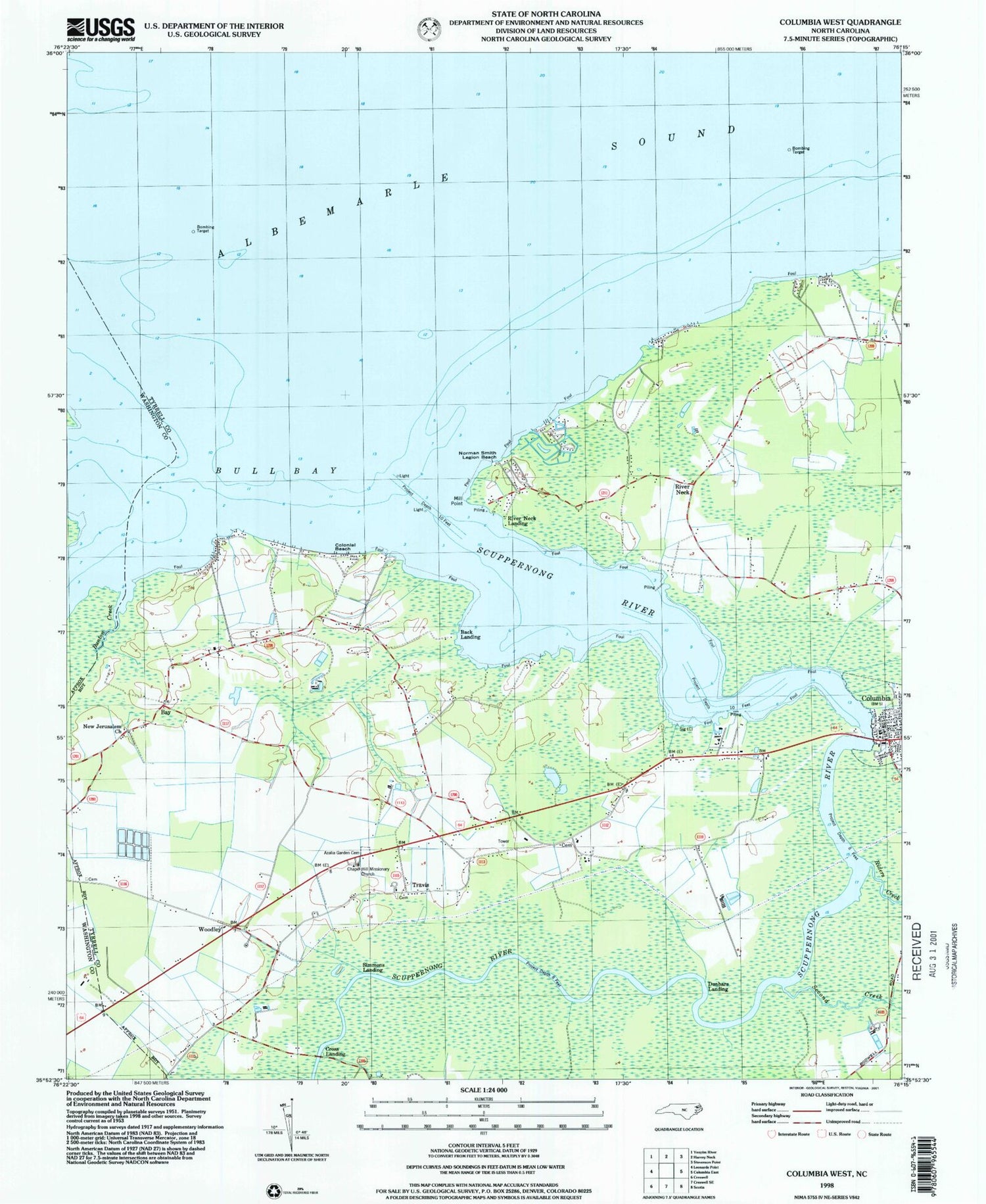 Classic USGS Columbia West North Carolina 7.5'x7.5' Topo Map Image