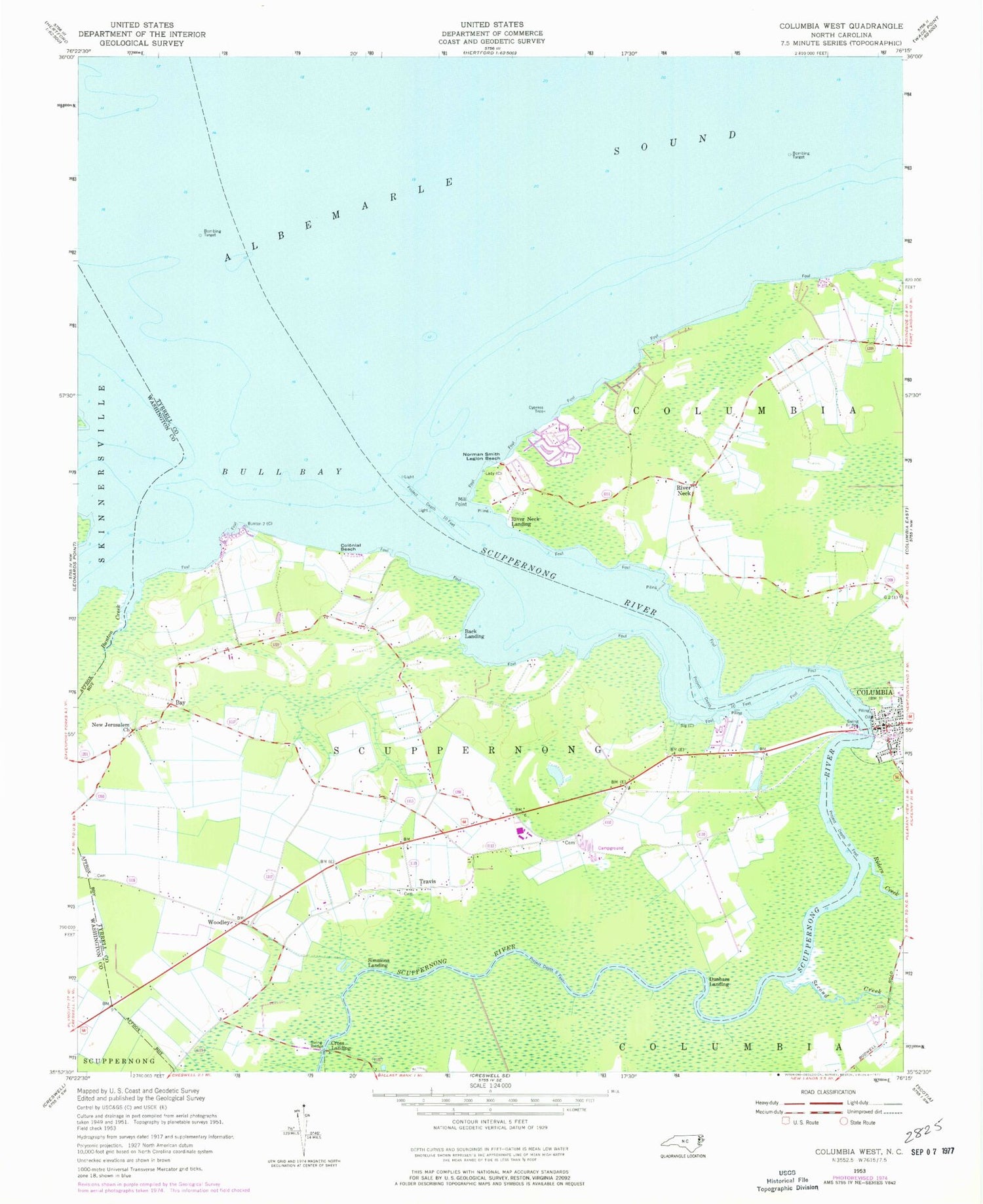 Classic USGS Columbia West North Carolina 7.5'x7.5' Topo Map Image