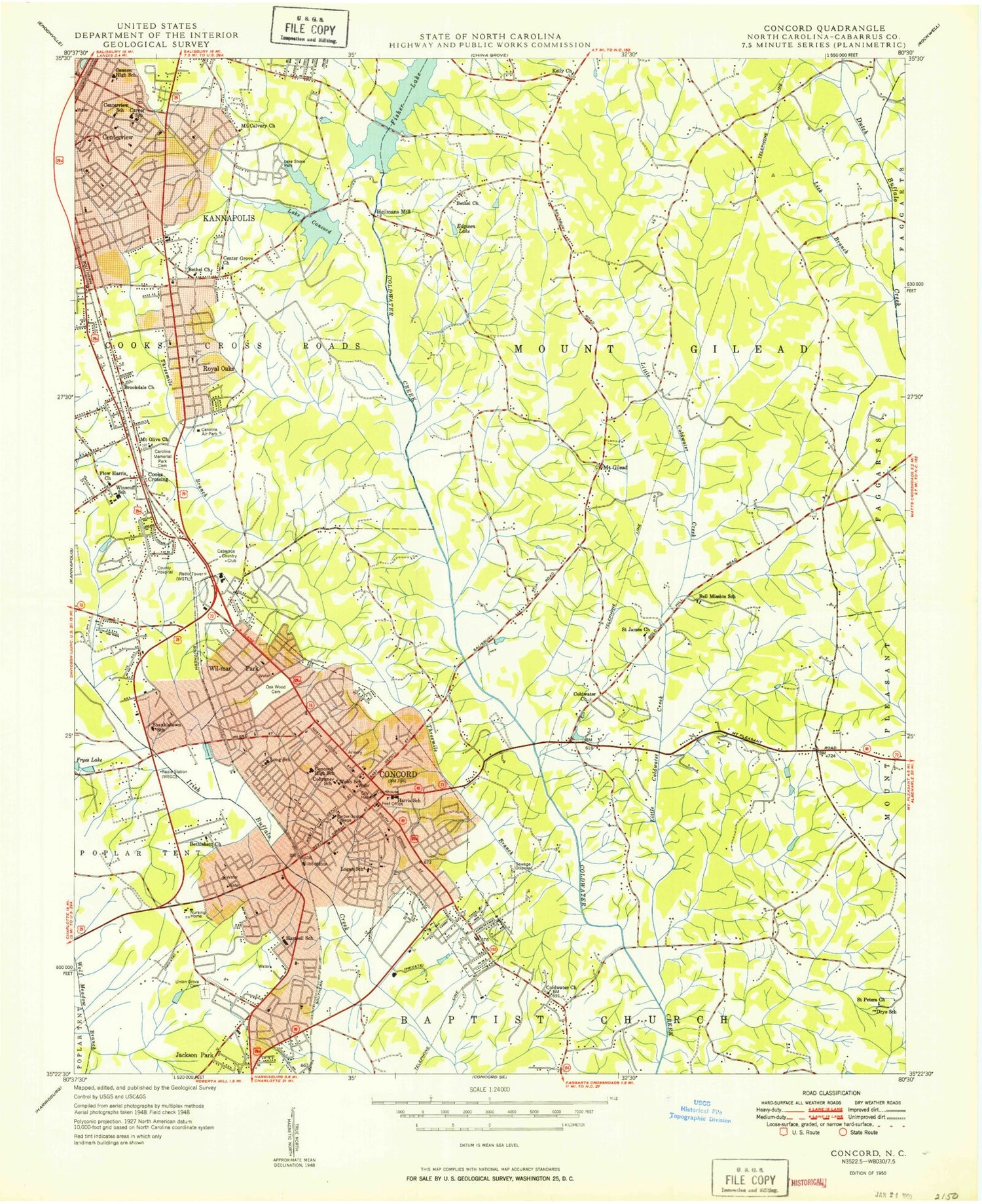 Classic USGS Concord North Carolina 7.5'x7.5' Topo Map Image