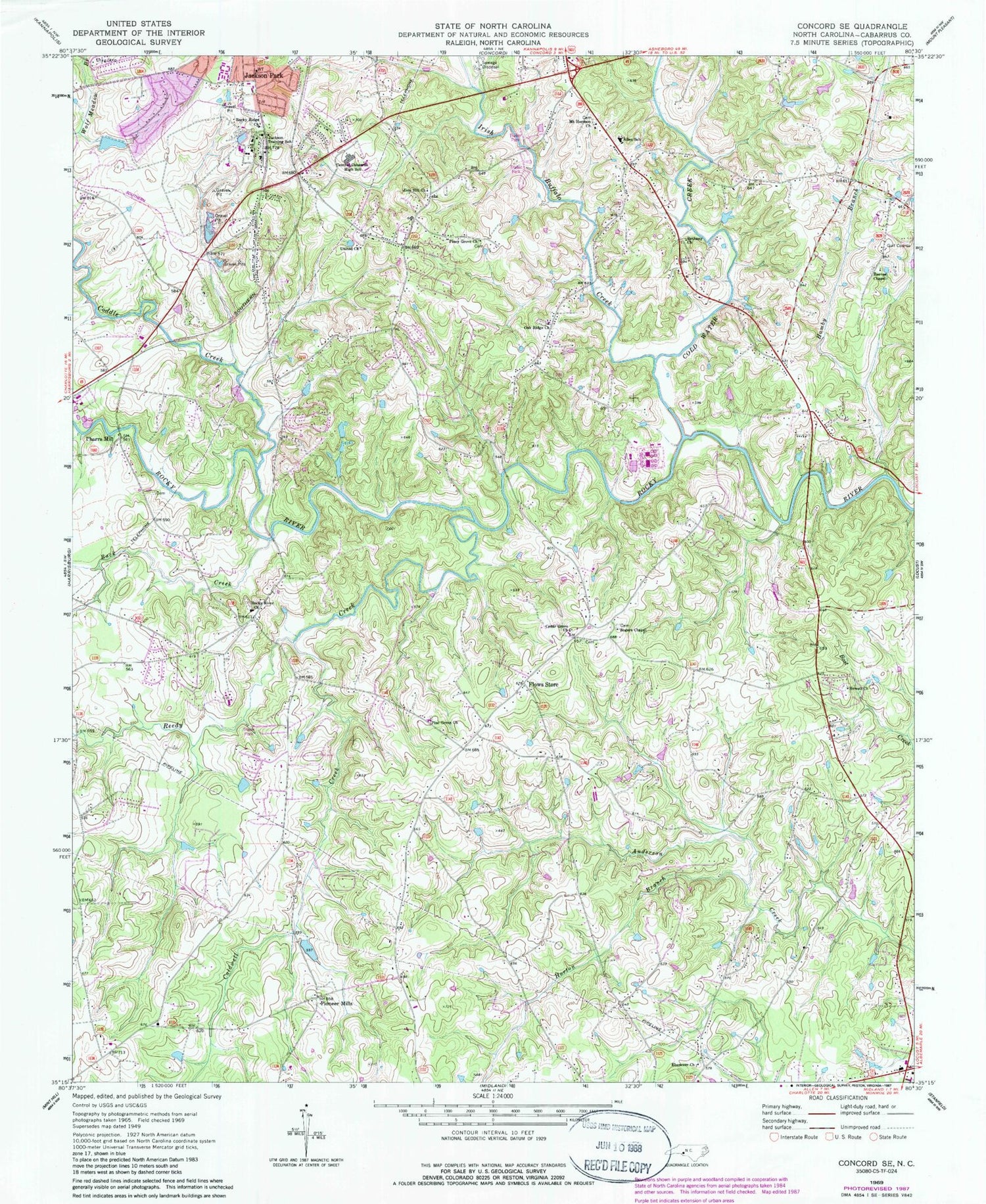 Classic USGS Concord SE North Carolina 7.5'x7.5' Topo Map Image
