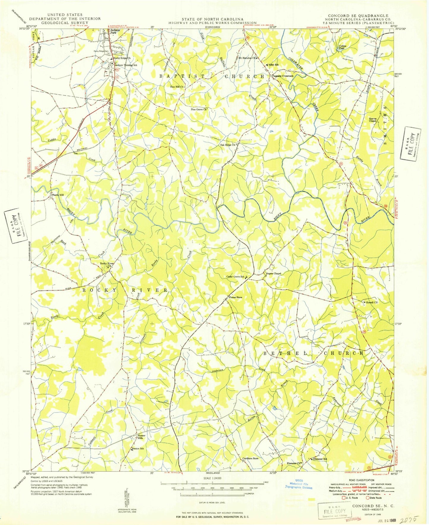 Classic USGS Concord SE North Carolina 7.5'x7.5' Topo Map Image