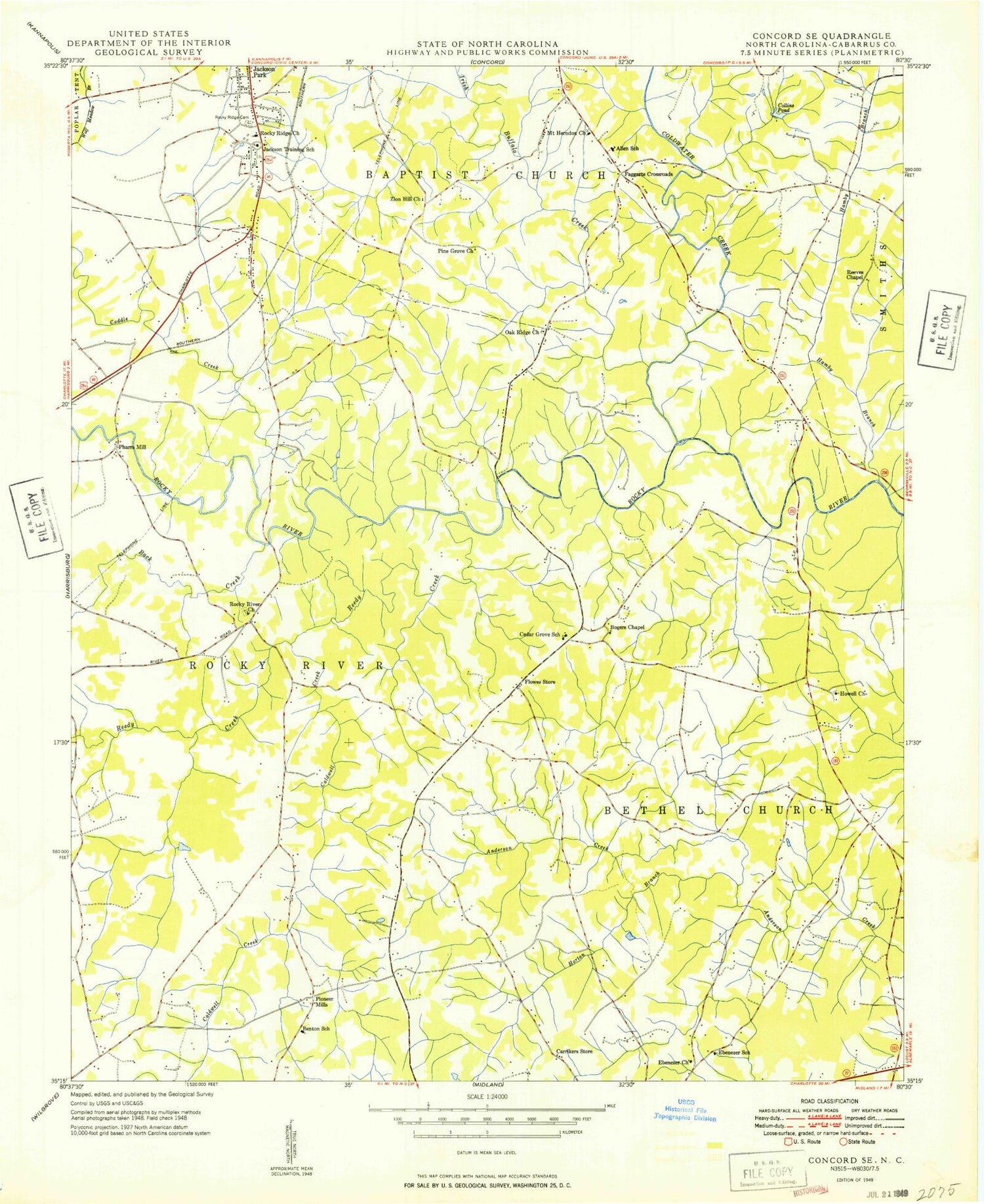 Classic USGS Concord SE North Carolina 7.5'x7.5' Topo Map Image