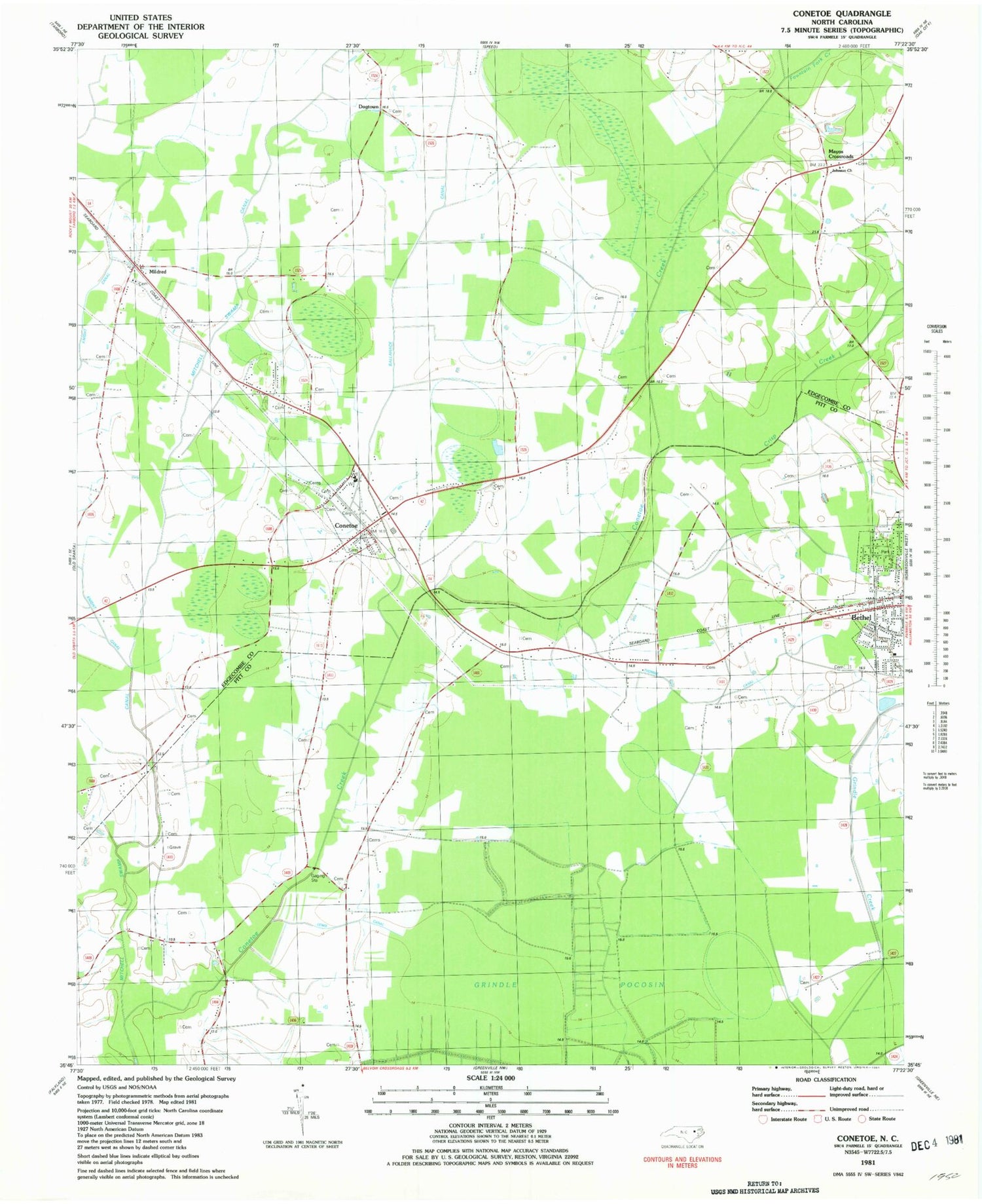 Classic USGS Conetoe North Carolina 7.5'x7.5' Topo Map Image