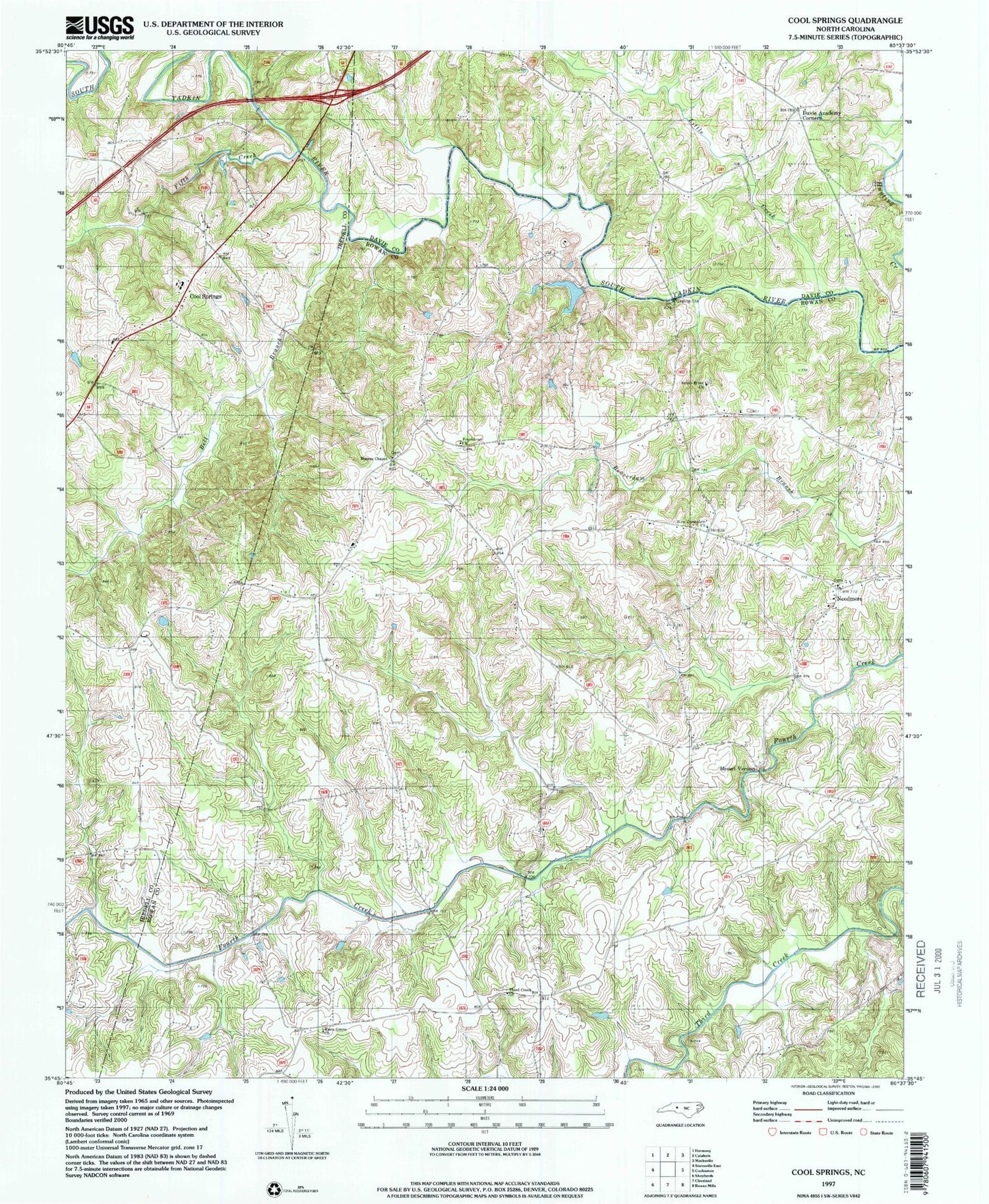 Classic USGS Cool Springs North Carolina 7.5'x7.5' Topo Map Image