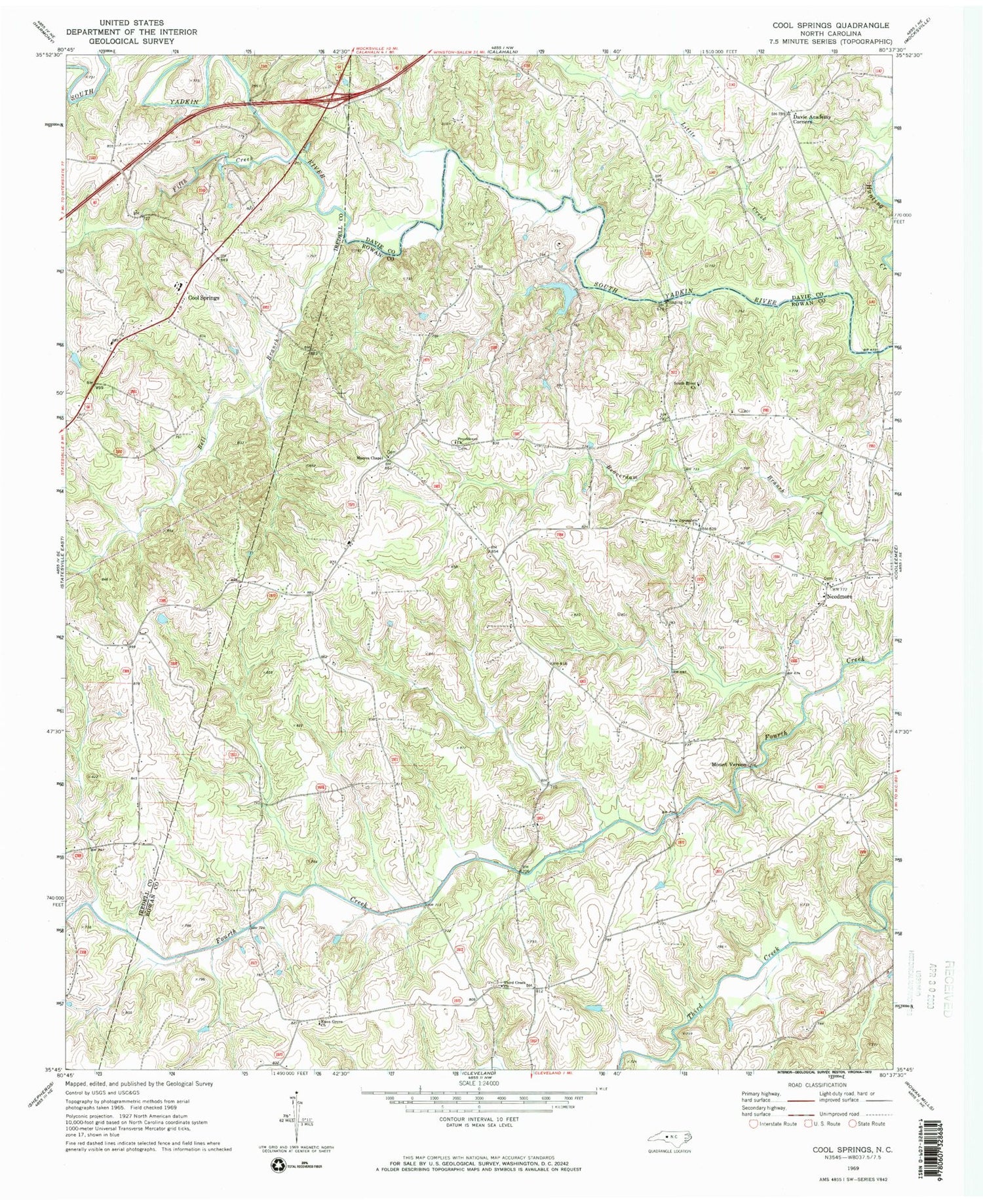 Classic USGS Cool Springs North Carolina 7.5'x7.5' Topo Map Image
