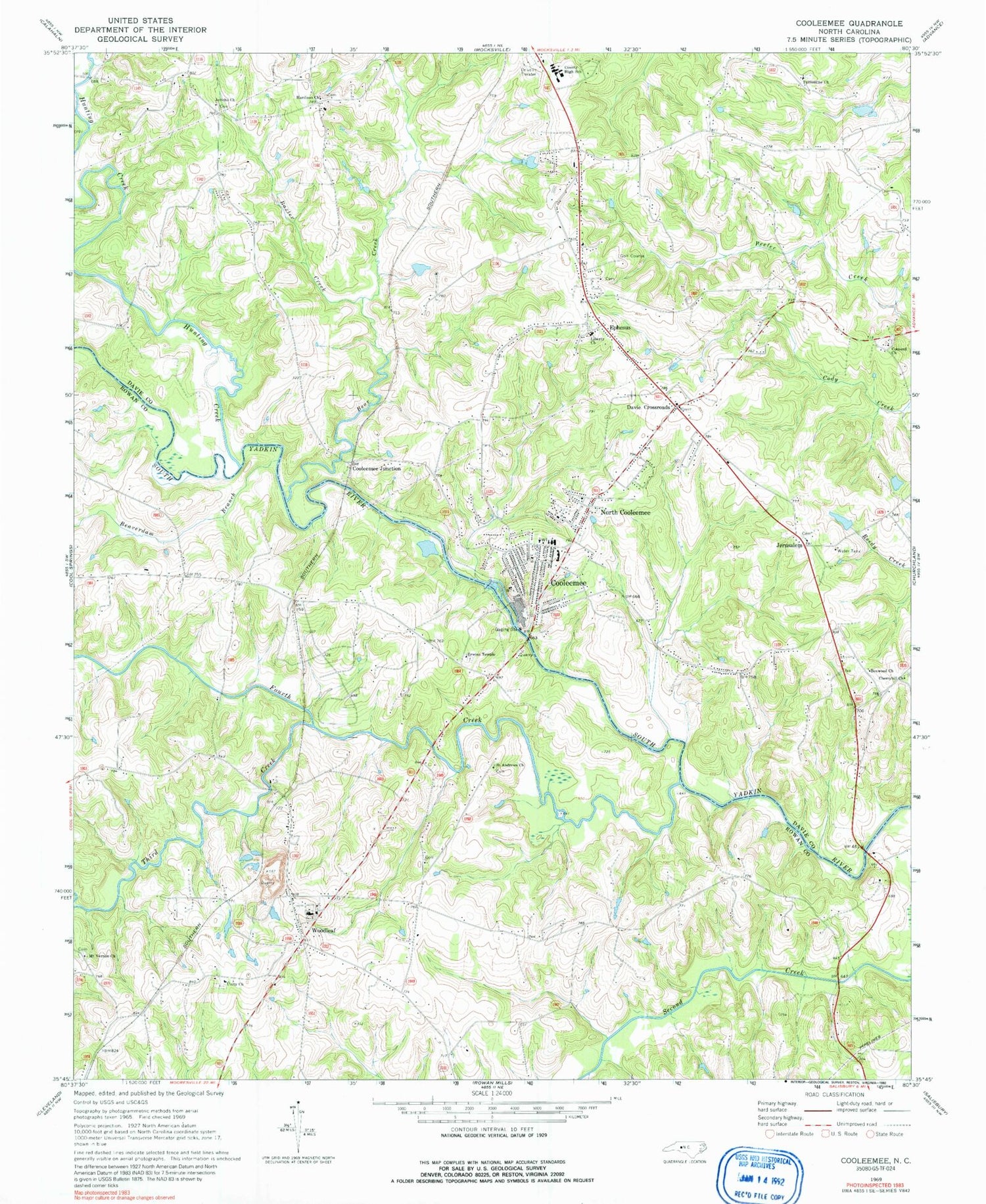Classic USGS Cooleemee North Carolina 7.5'x7.5' Topo Map Image
