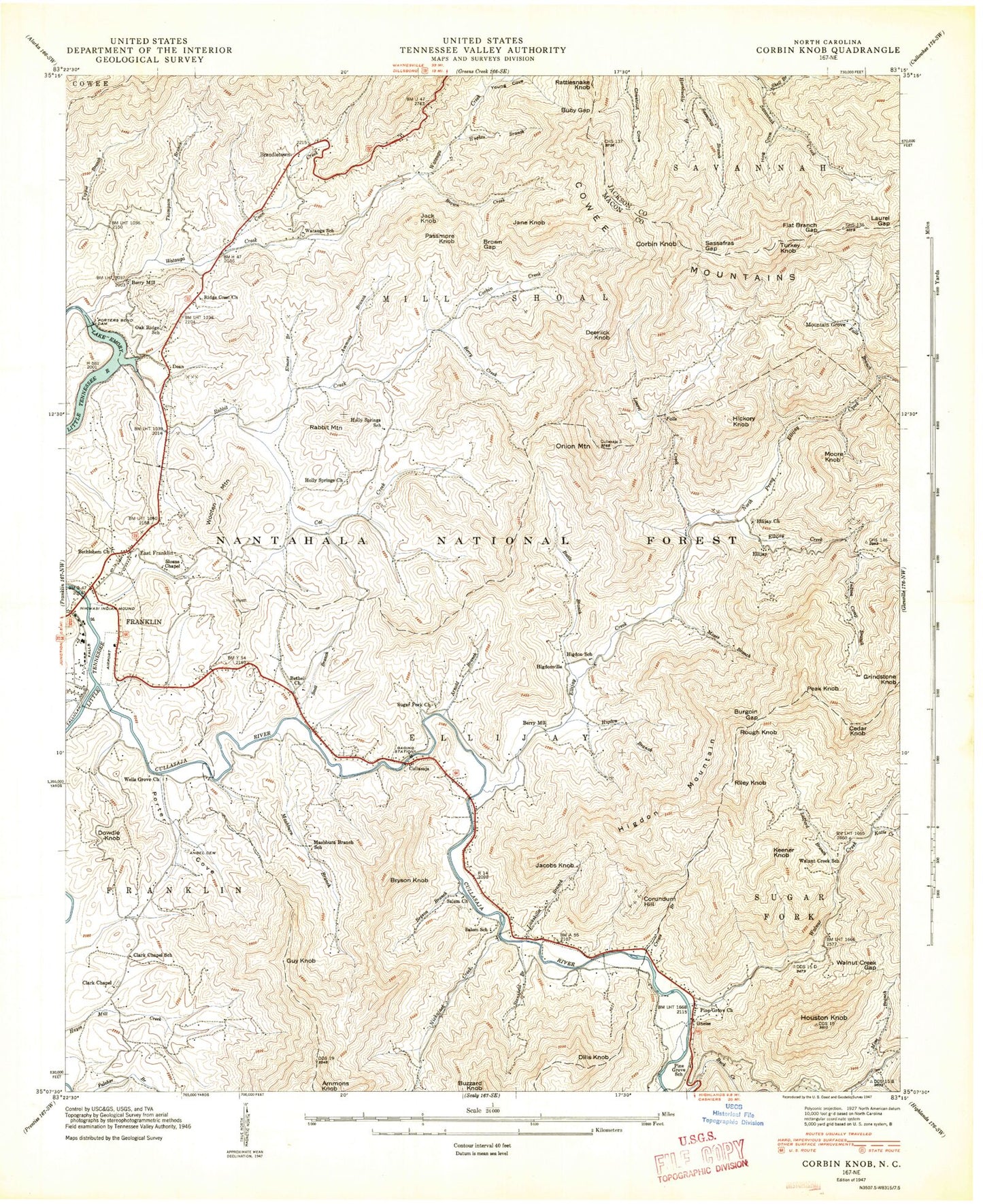 Classic USGS Corbin Knob North Carolina 7.5'x7.5' Topo Map Image