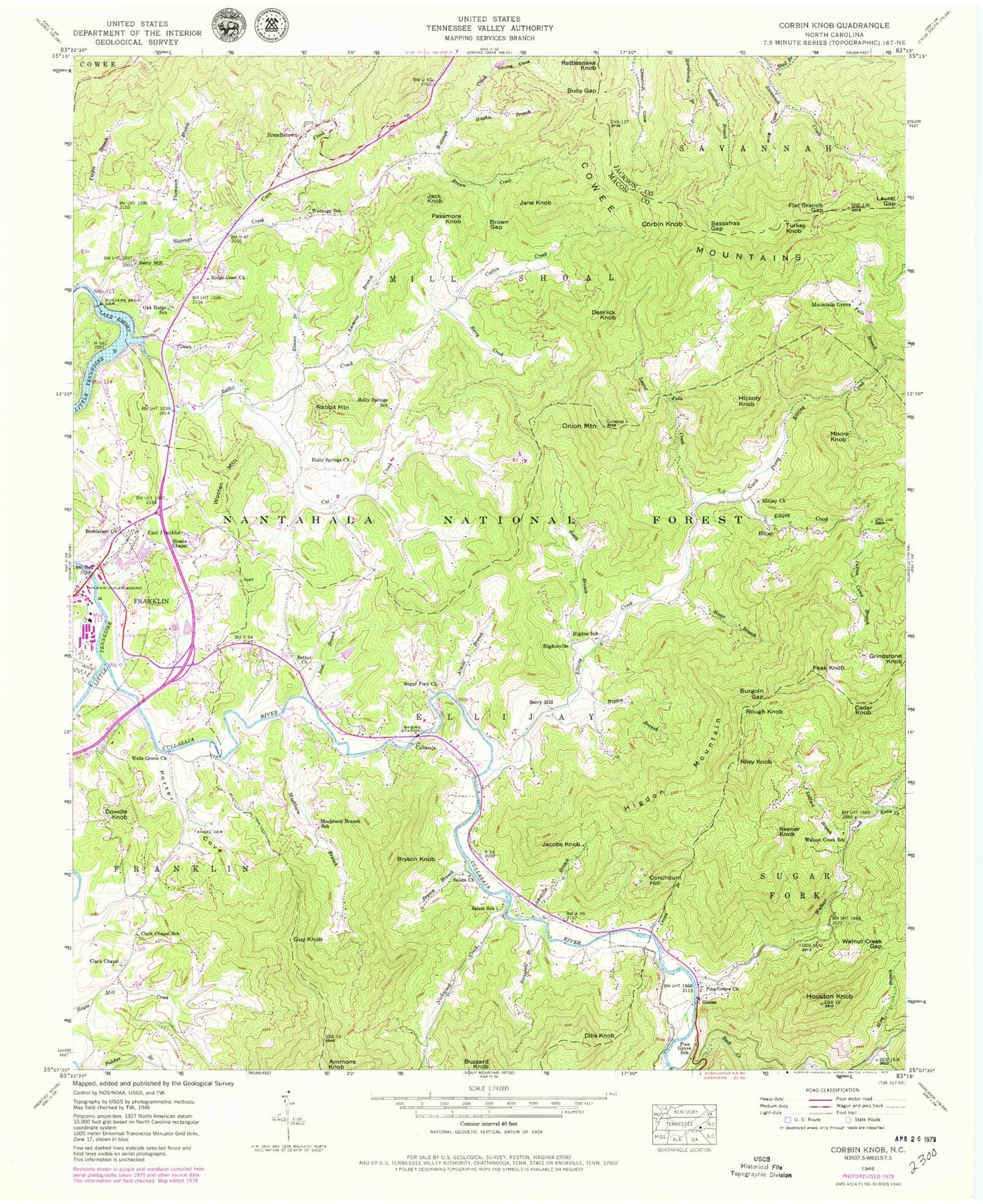 Classic USGS Corbin Knob North Carolina 7.5'x7.5' Topo Map Image