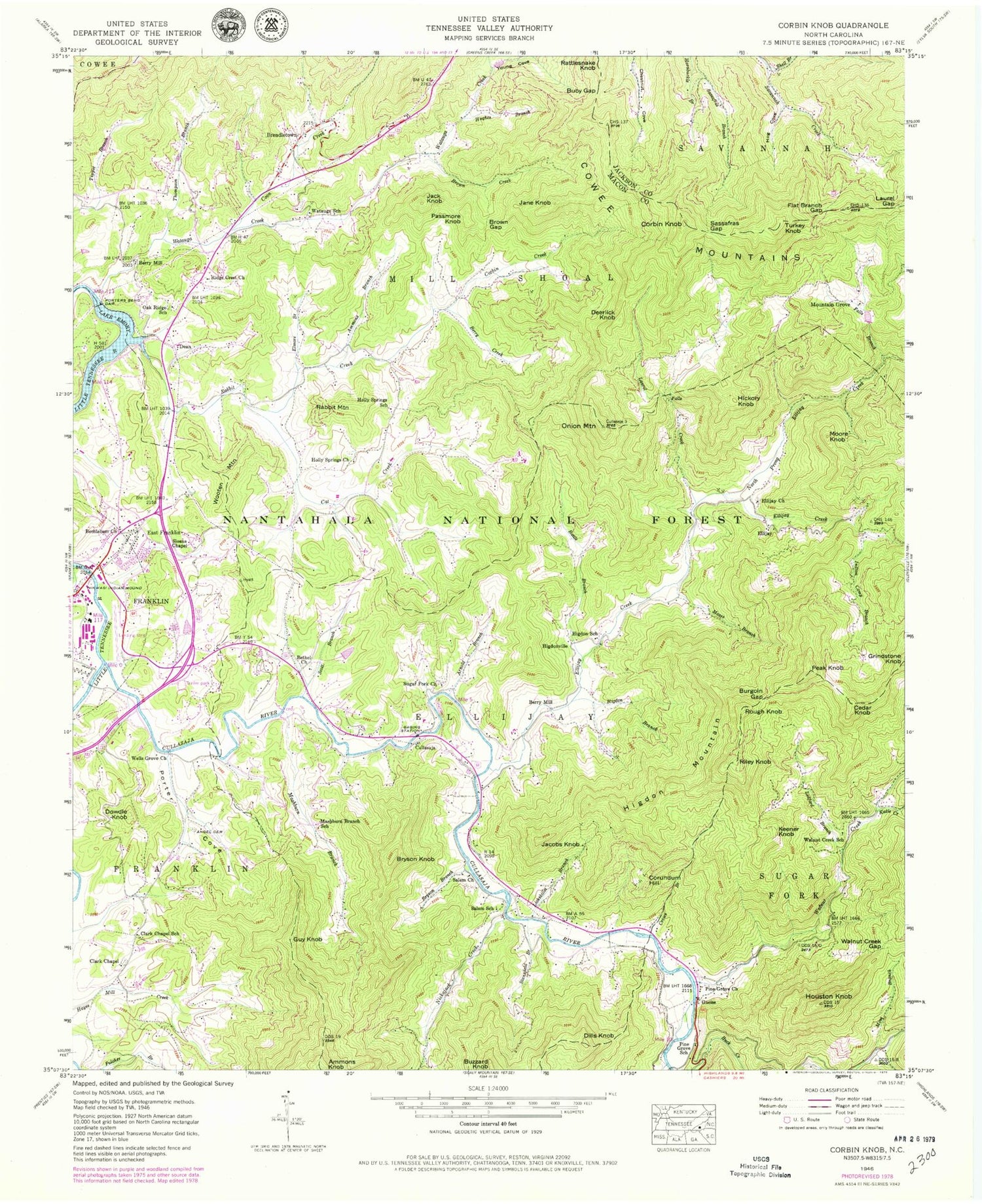 Classic USGS Corbin Knob North Carolina 7.5'x7.5' Topo Map Image