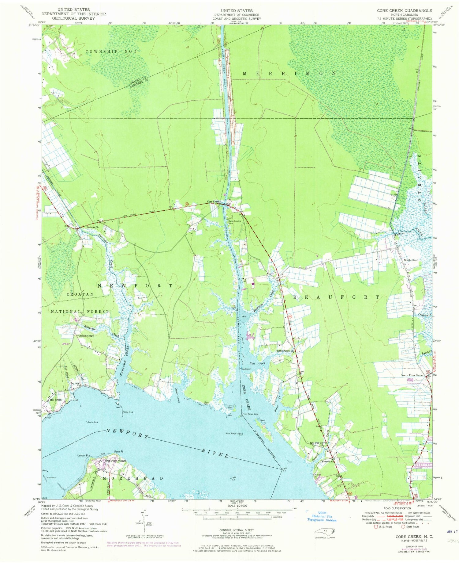 Classic USGS Core Creek North Carolina 7.5'x7.5' Topo Map Image