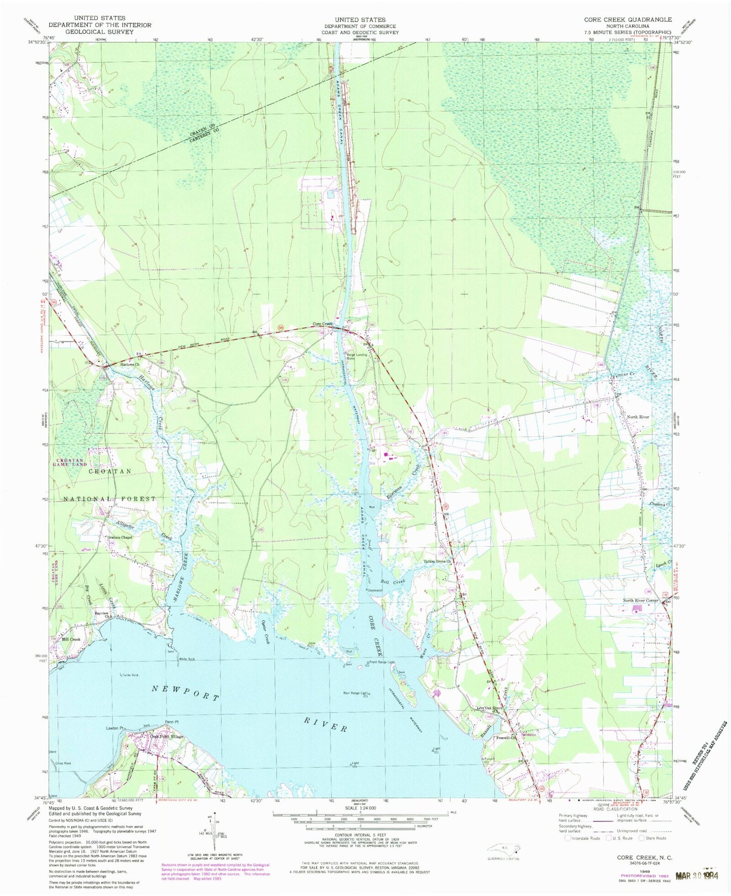 Classic USGS Core Creek North Carolina 7.5'x7.5' Topo Map Image