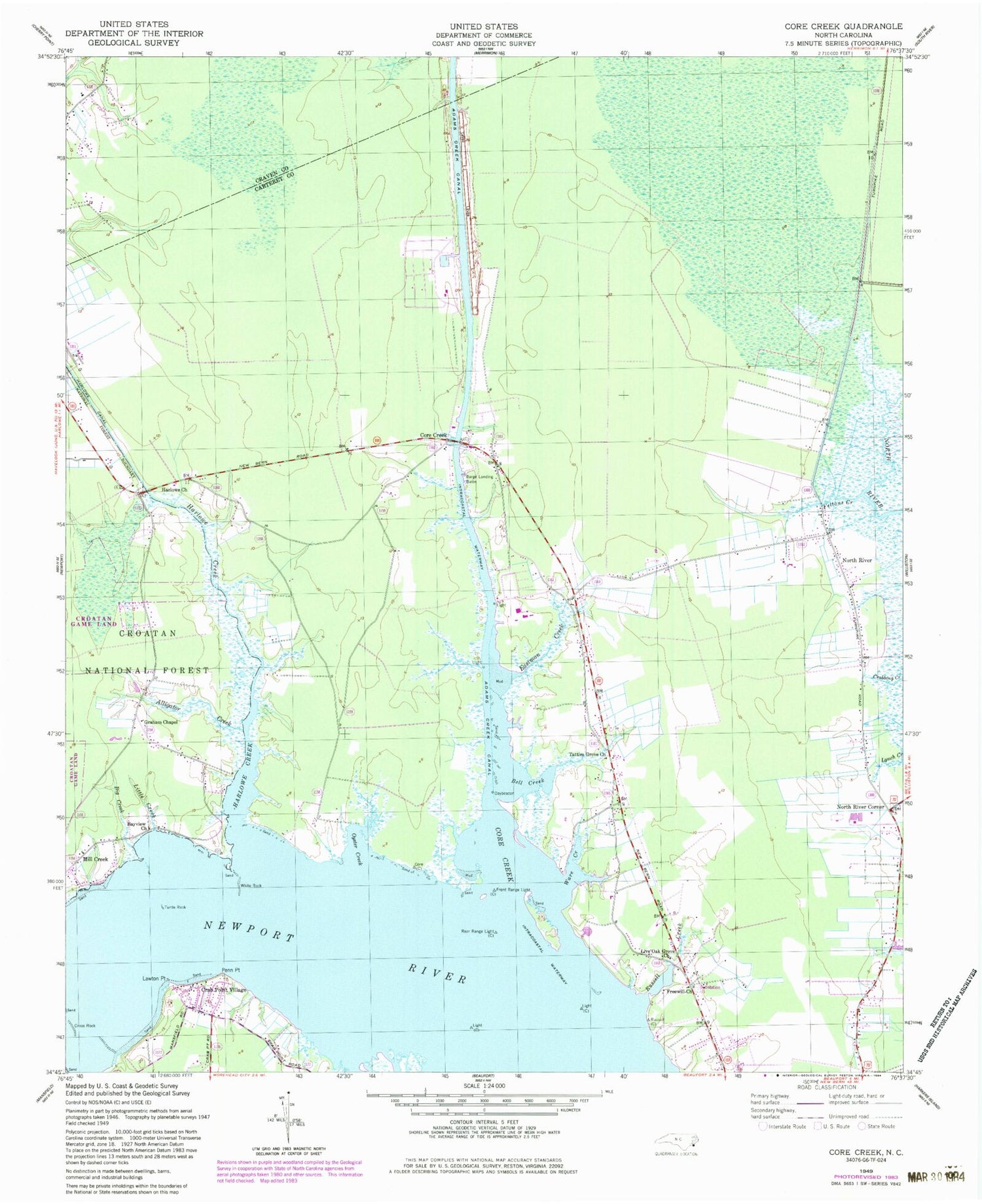 Classic USGS Core Creek North Carolina 7.5'x7.5' Topo Map Image