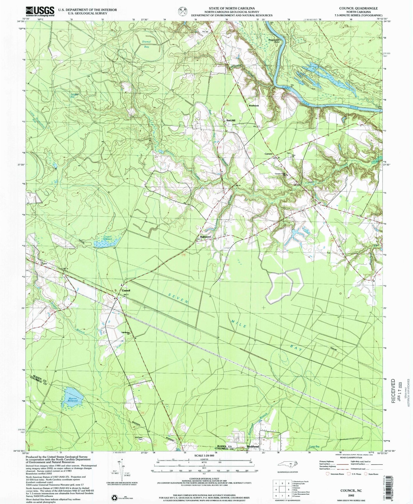 Classic USGS Council North Carolina 7.5'x7.5' Topo Map Image
