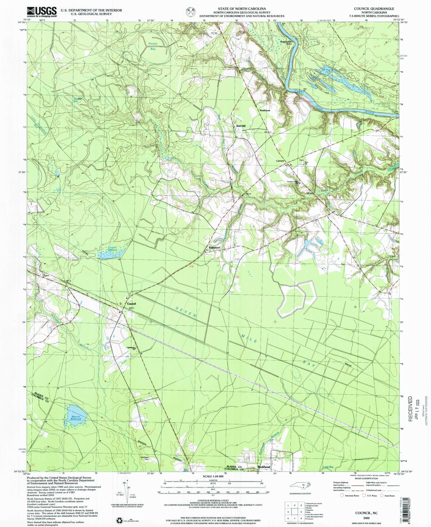 Classic USGS Council North Carolina 7.5'x7.5' Topo Map Image